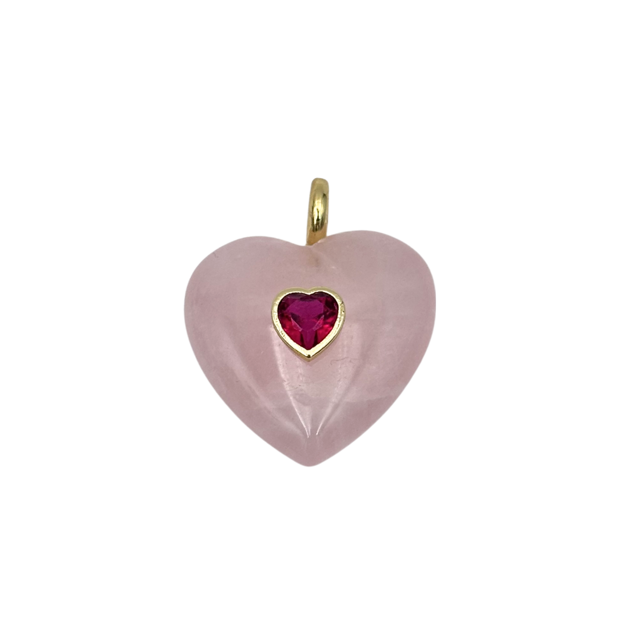 Rose Quartz semi-precious stone heart charm with ruby center stone by HOLST+LEE