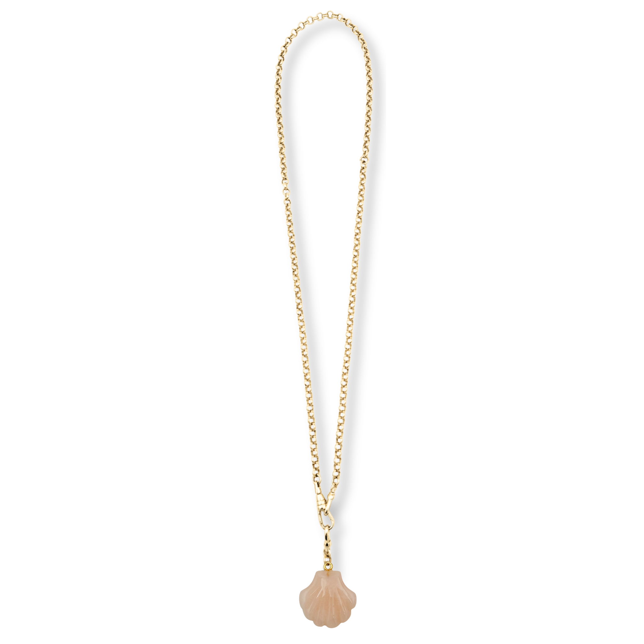 Gold rolo chain necklace with carved rose quartz shell pendant by HOLST+LEE