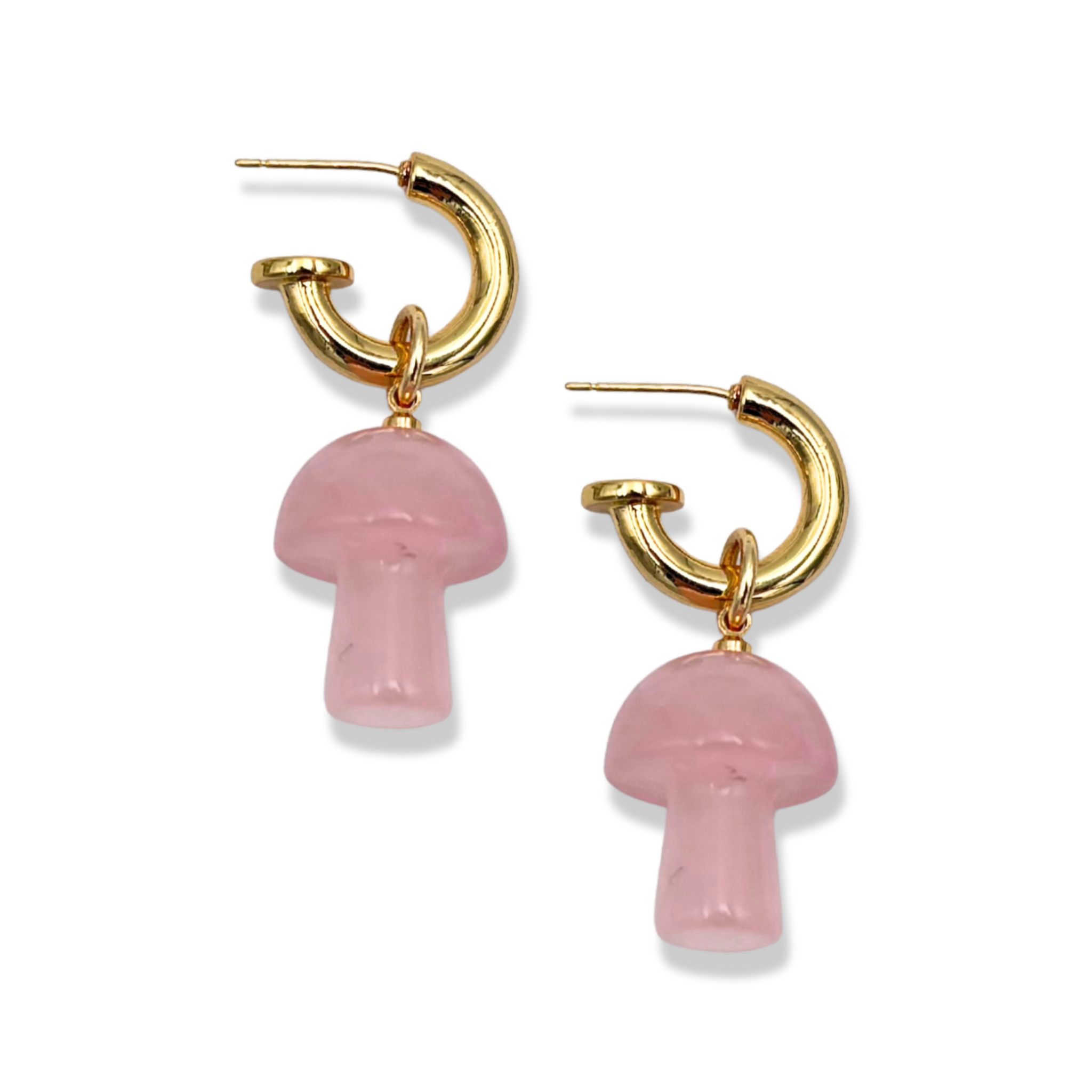 Rose quartz semi-precious mushroom drop earrings with gold hoop by HOLST+LEE