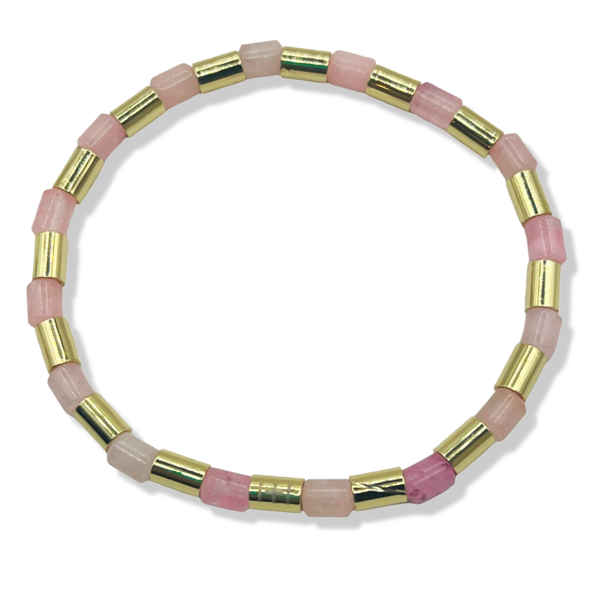 Bracelet with rose quartz and gold cylindrical beads by HOLST+LEE