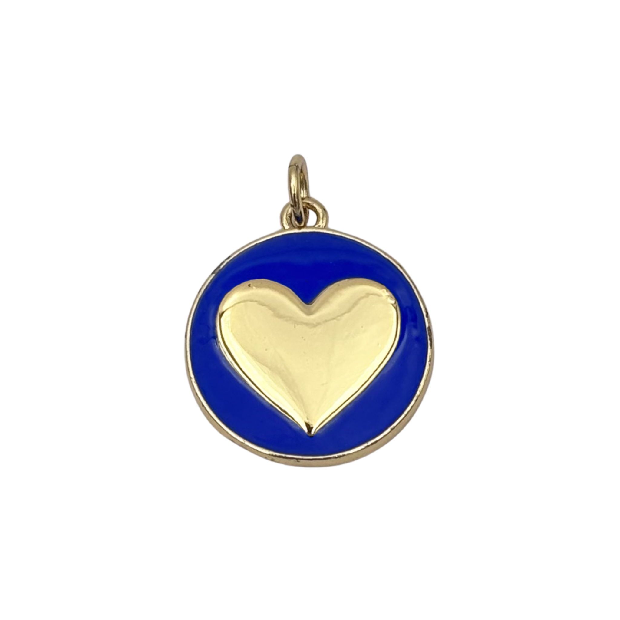 Gold round medallion charm with royal blue enamel face, raised polished gold heart by HOLST+LEE