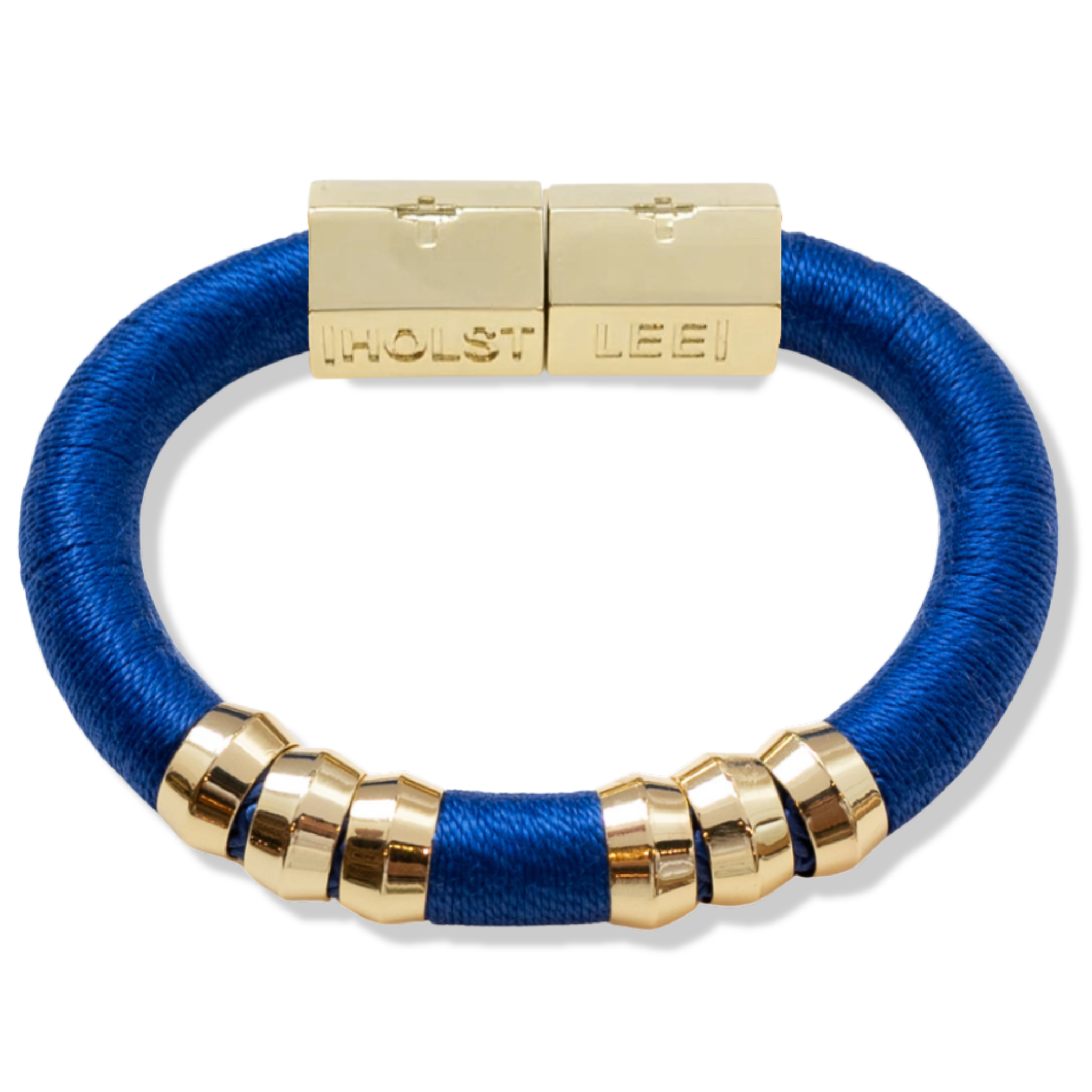 Royal blue thread wrapped bracelet with 18K gold-filled magnetic clasped bracelet and gold ferrule accents by HOLST+LEE