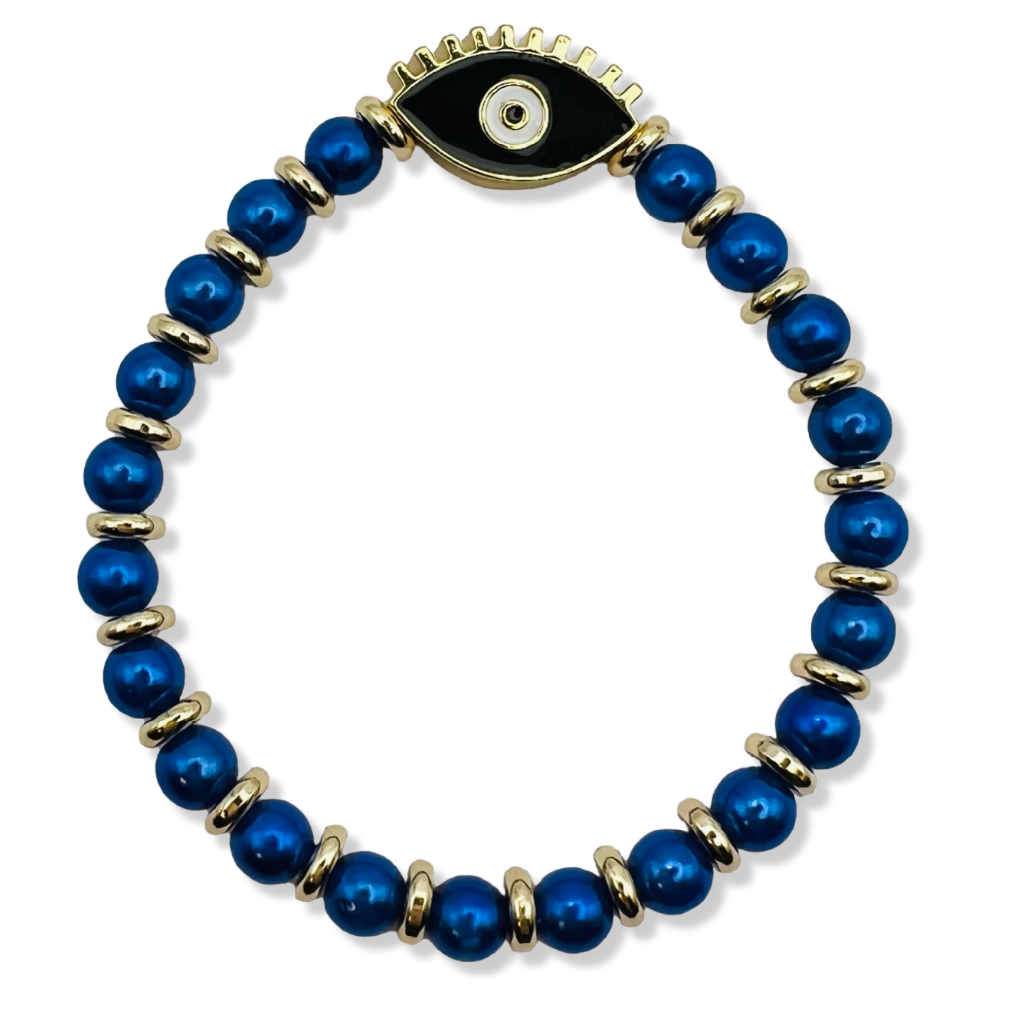 Royal blue pearl and gold rondelle stretch bracelet with black enamel evil eye centerpiece by HOLST+LEE