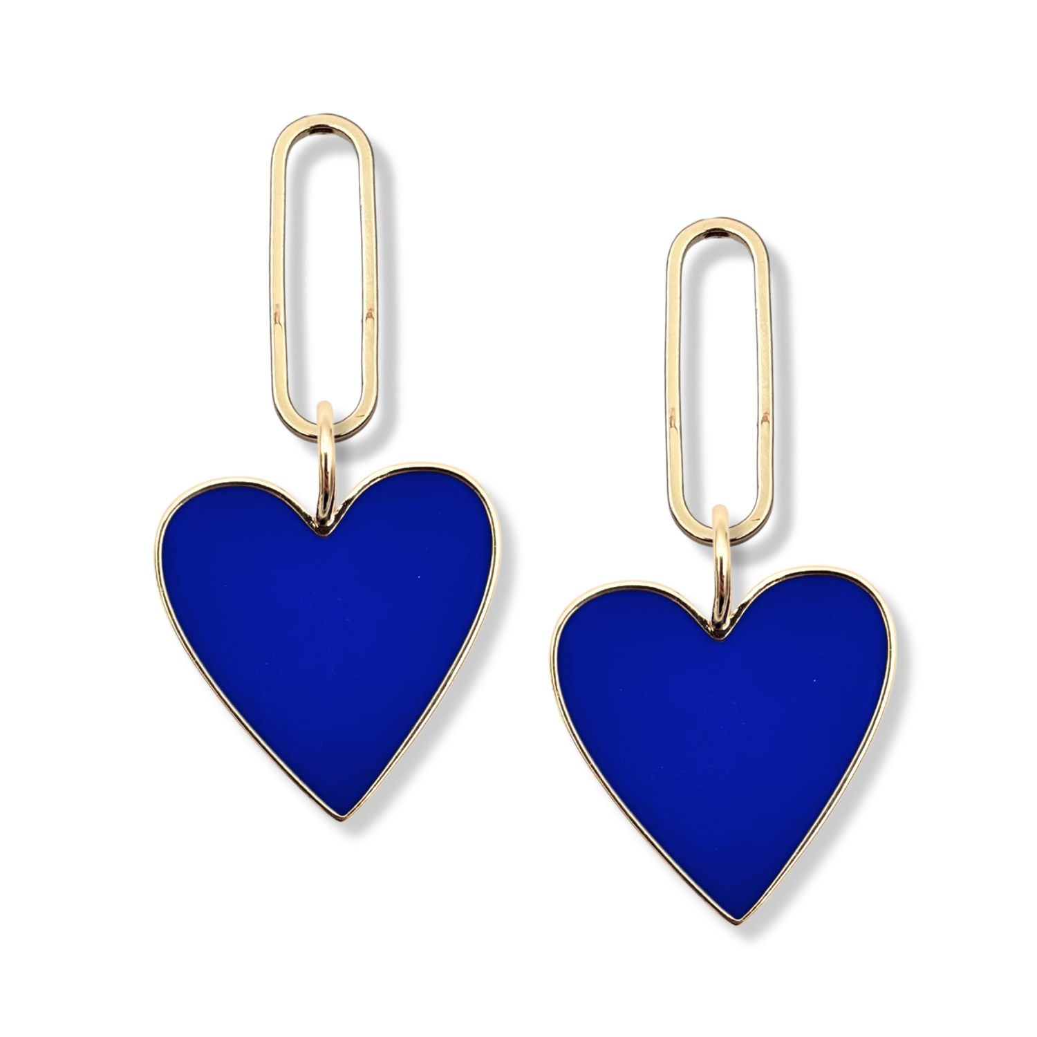 Royal blue enamel heart dangle earrings with gold paperclip oval link topper by HOLST+LEE