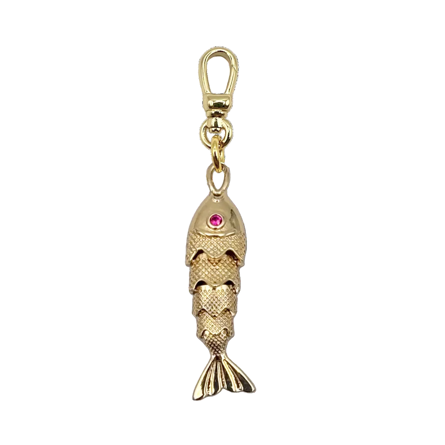 Gold ruby eyed articulated fish charm with gold charm clip by HOLST+LEE