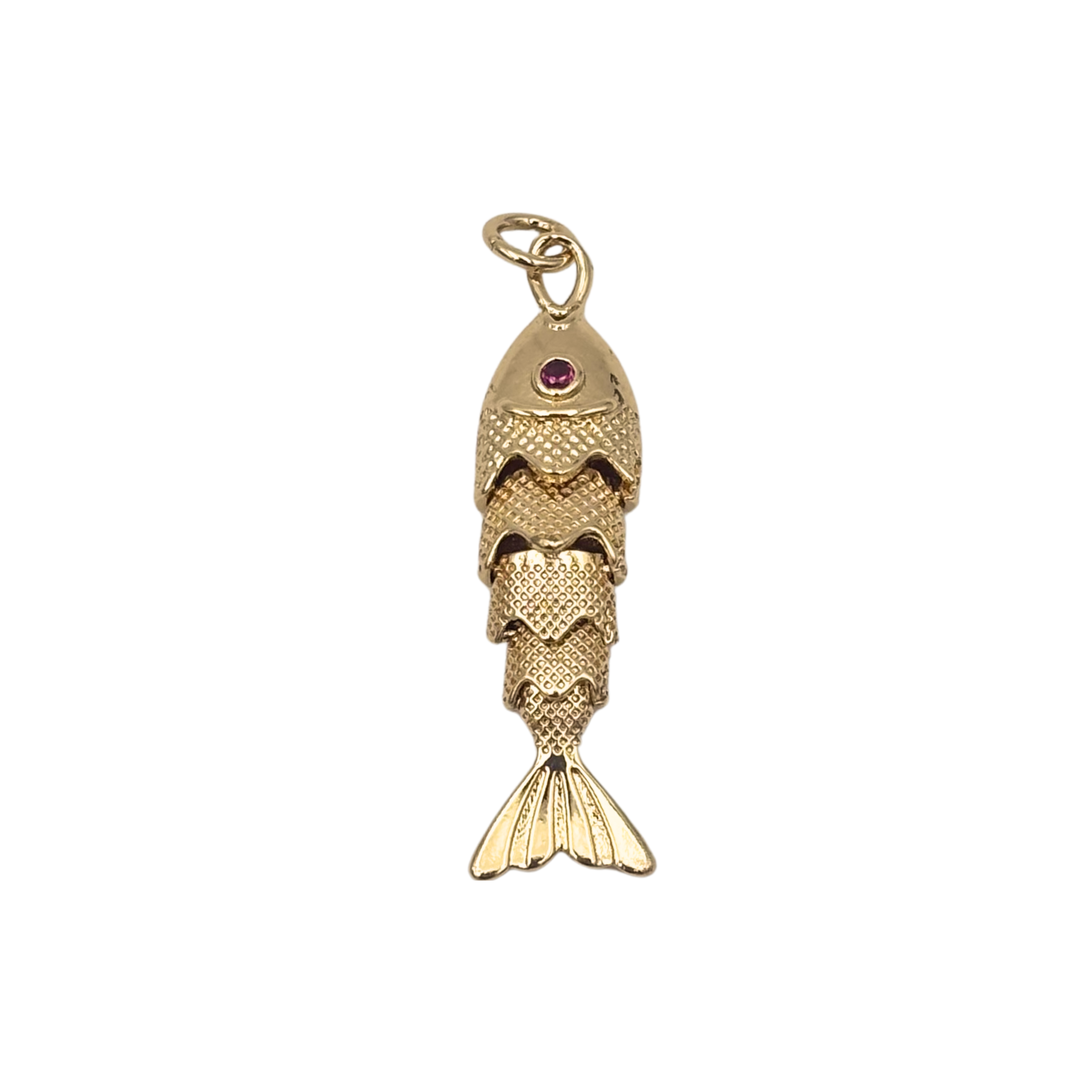 Gold rhinestone ruby eyed articulated fish charm by HOLST+LEE