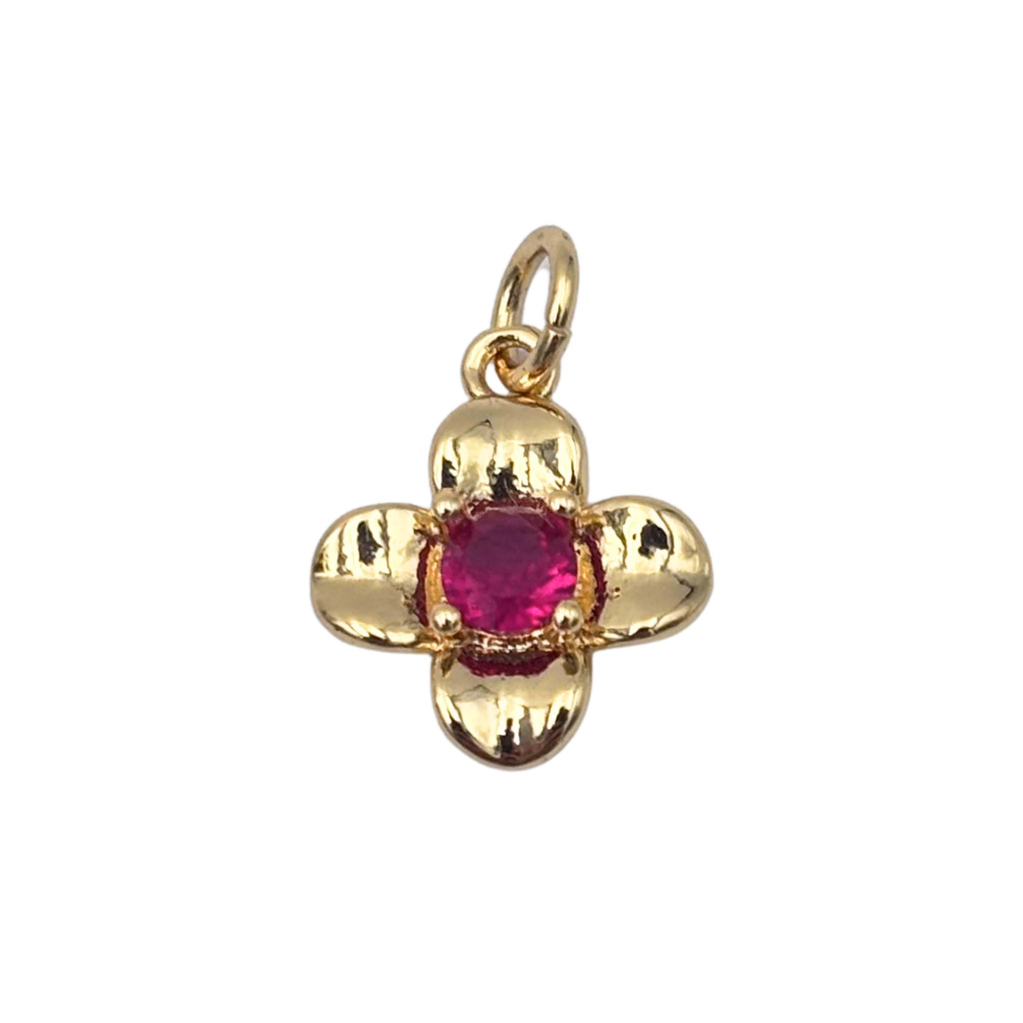 Gold four-petal flower pendant with prong-set round ruby center, polished  petals by HOLST+LEE