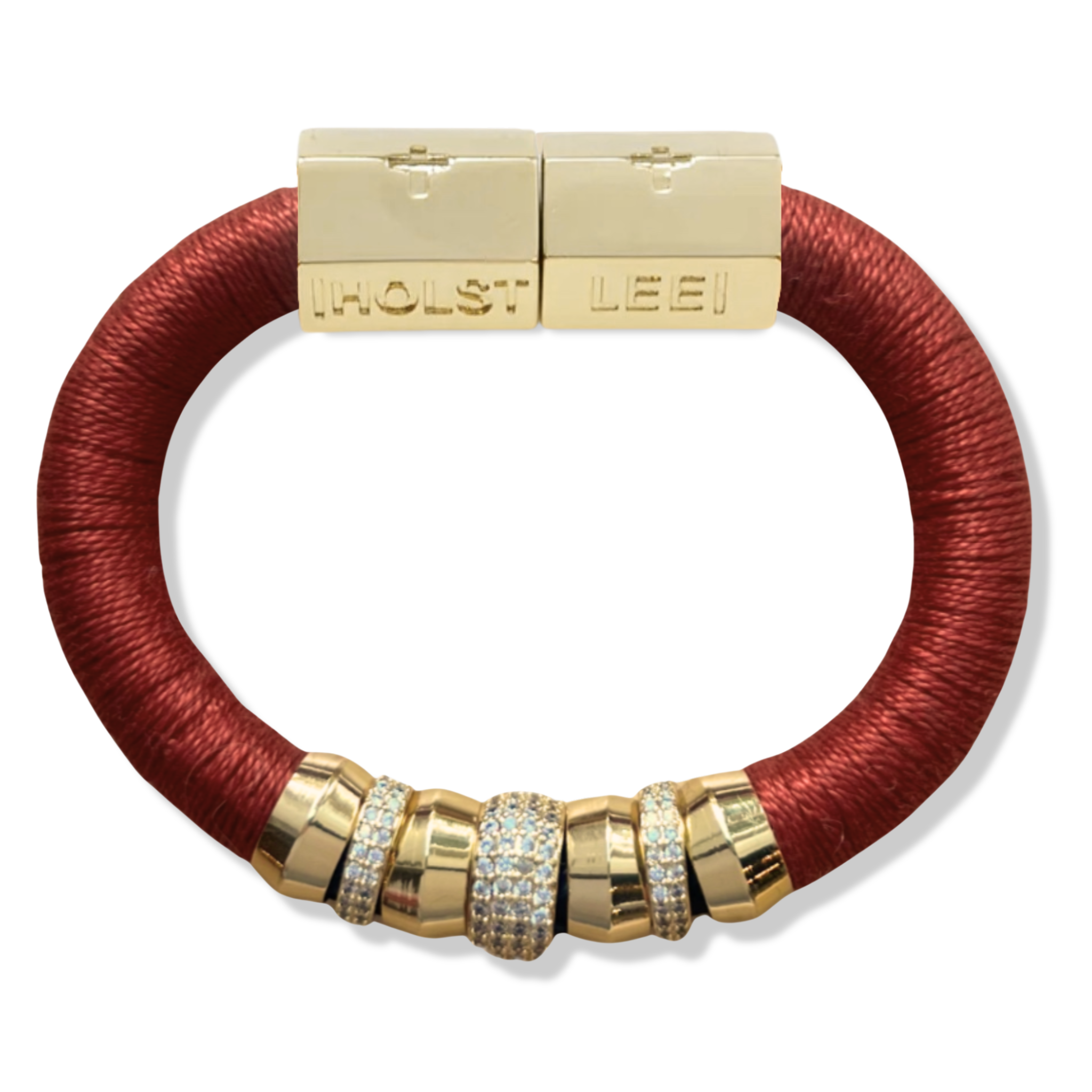 Rust red thread wrapped bracelet with 18K gold-filled magnetic clasped bracelet and pavé crystal ferrule stack by HOLST+LEE
