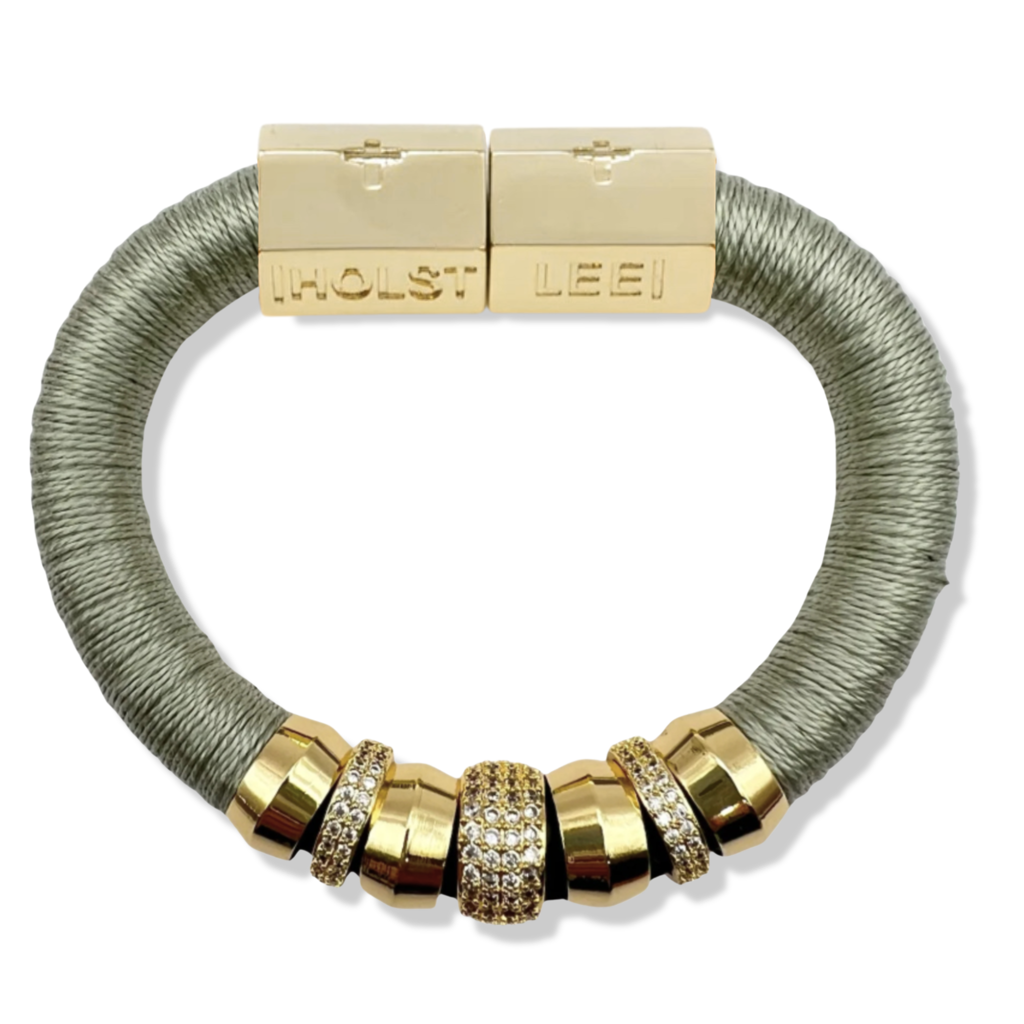 Sage green thread wrapped bracelet with 18K gold-filled magnetic clasped bracelet and pavé crystal ferrule stack by HOLST+LEE