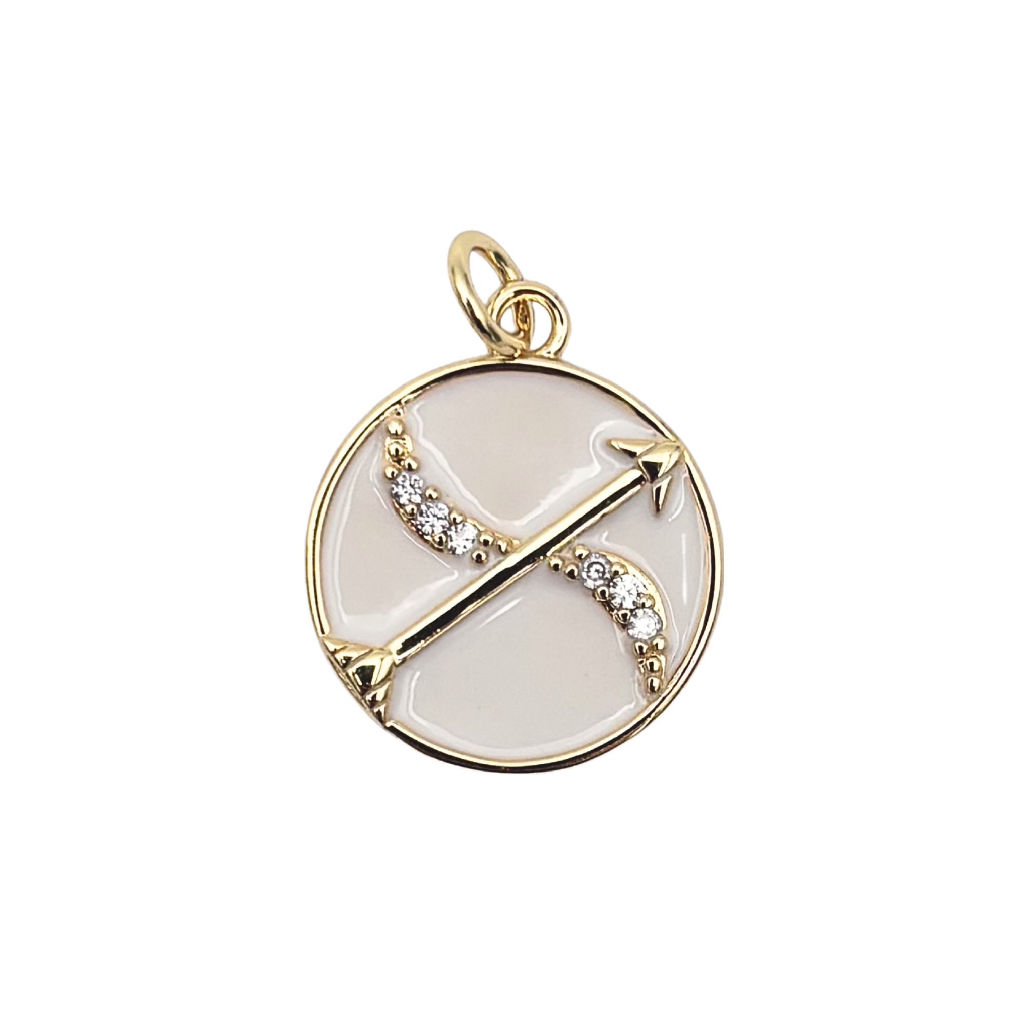 Sagittarius zodiac charm pendant with white enamel disc, gold arrow and bow symbol, and crystal accent details by HOLST+LEE