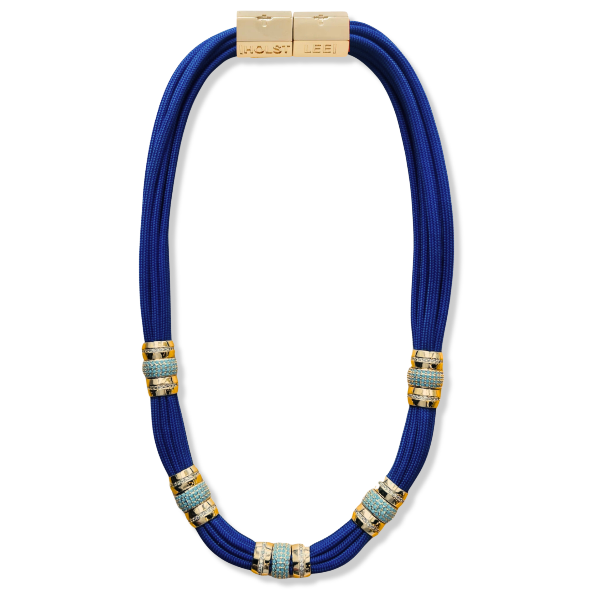 Blue paracord necklace with pavé crystal ferrule accents and gold magnetic clasped necklace by HOLST+LEE