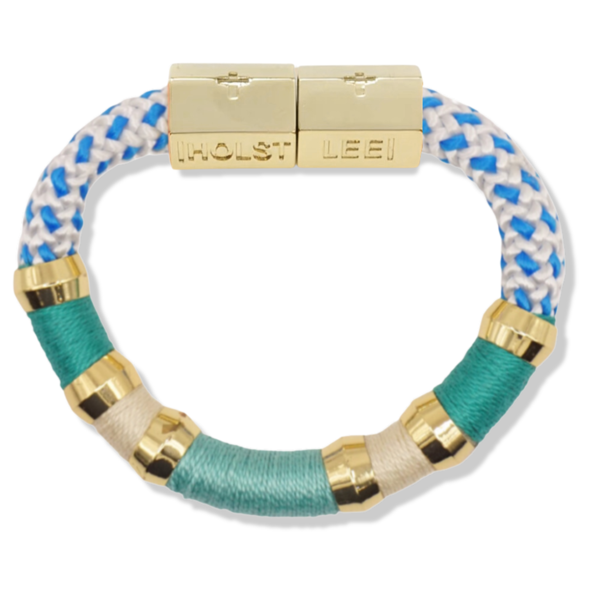 Blue and white braided rope bracelet with gold magnetic clasped bracelet and gold ferrule accents by HOLST+LEE 