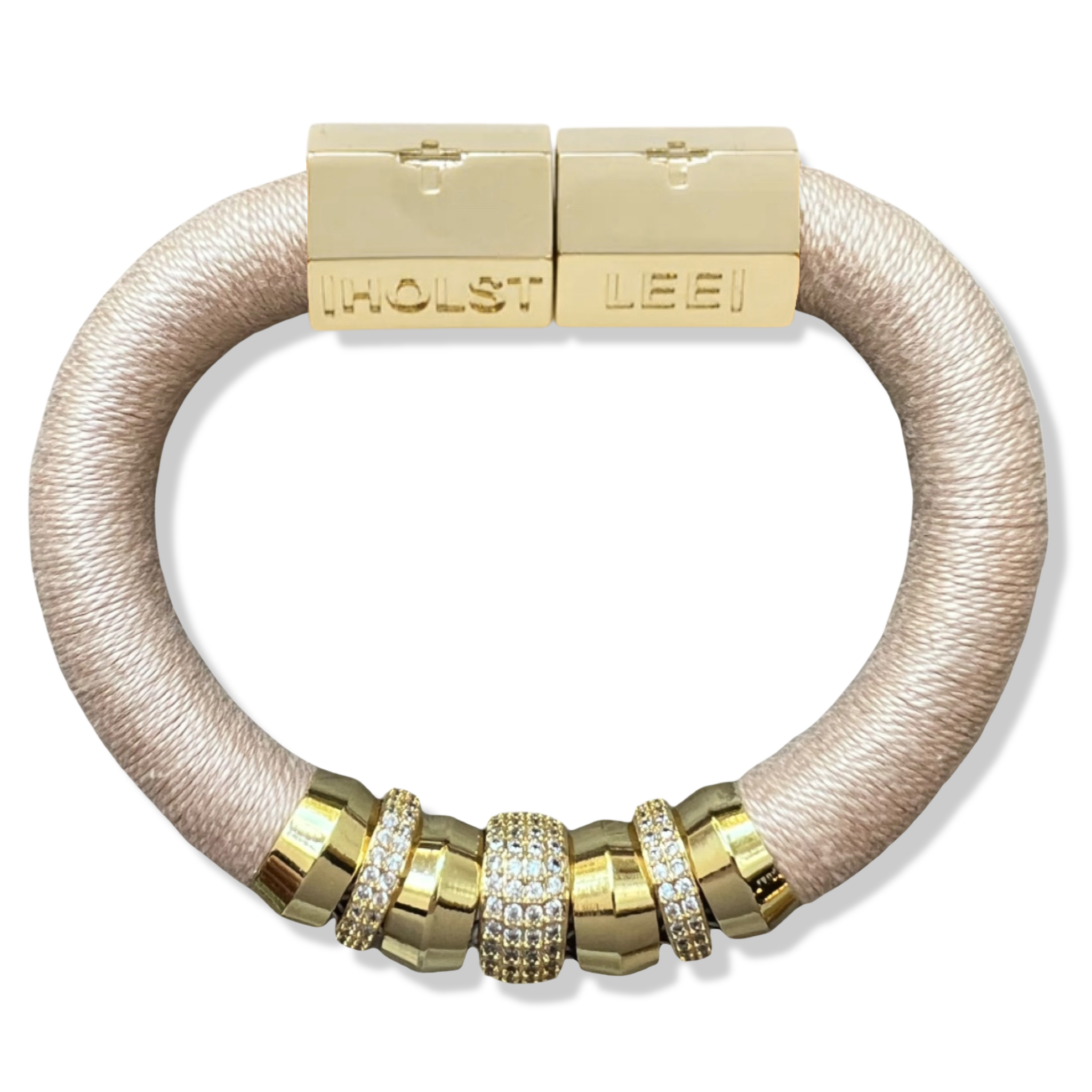 Sand cream thread wrapped bracelet with 18K gold-filled magnetic clasped bracelet and pavé crystal ferrule stack by HOLST+LEE