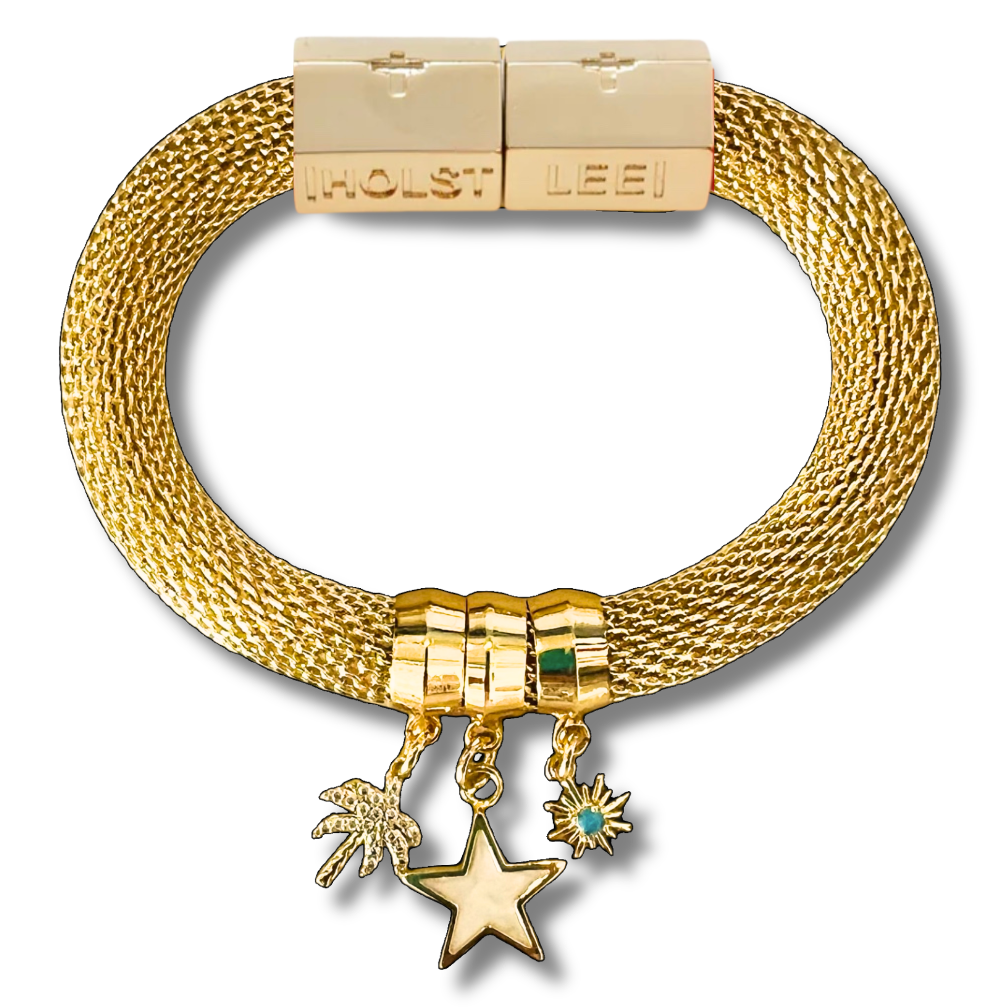Gold woven mesh bracelet with 18K gold-filled magnetic clasped bracelet and ferrule accents by HOLST+LEE