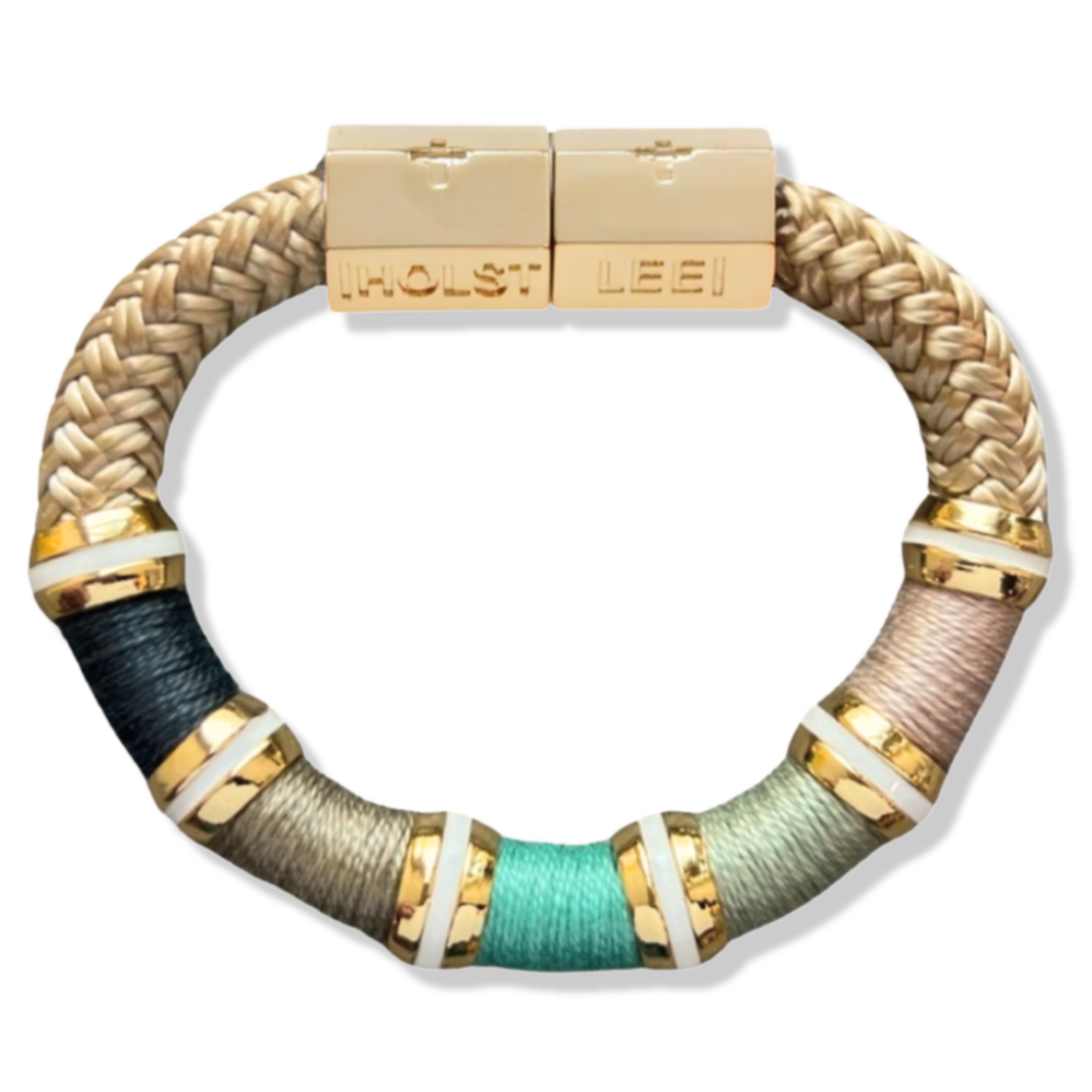 Tan braided rope bracelet with gold magnetic clasped bracelet and white enamel ferrules by HOLST+LEE 