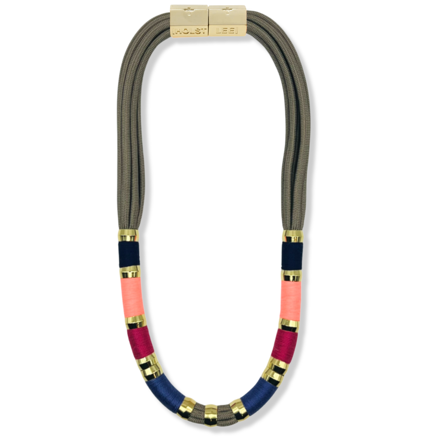 Grey paracord and pink, blue and fuchsia necklace with gold ferrule accents and gold magnetic clasped necklace by HOLST+LEE