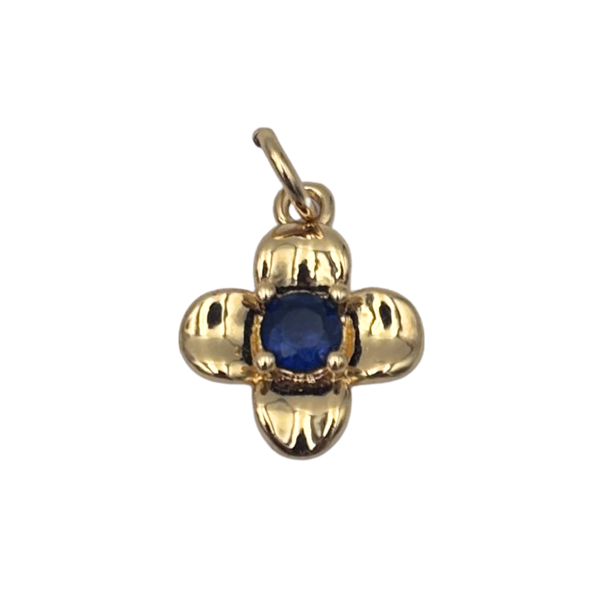 Gold four-petal flower pendant with prong-set round sapphire center, polished  petals by HOLST+LEE