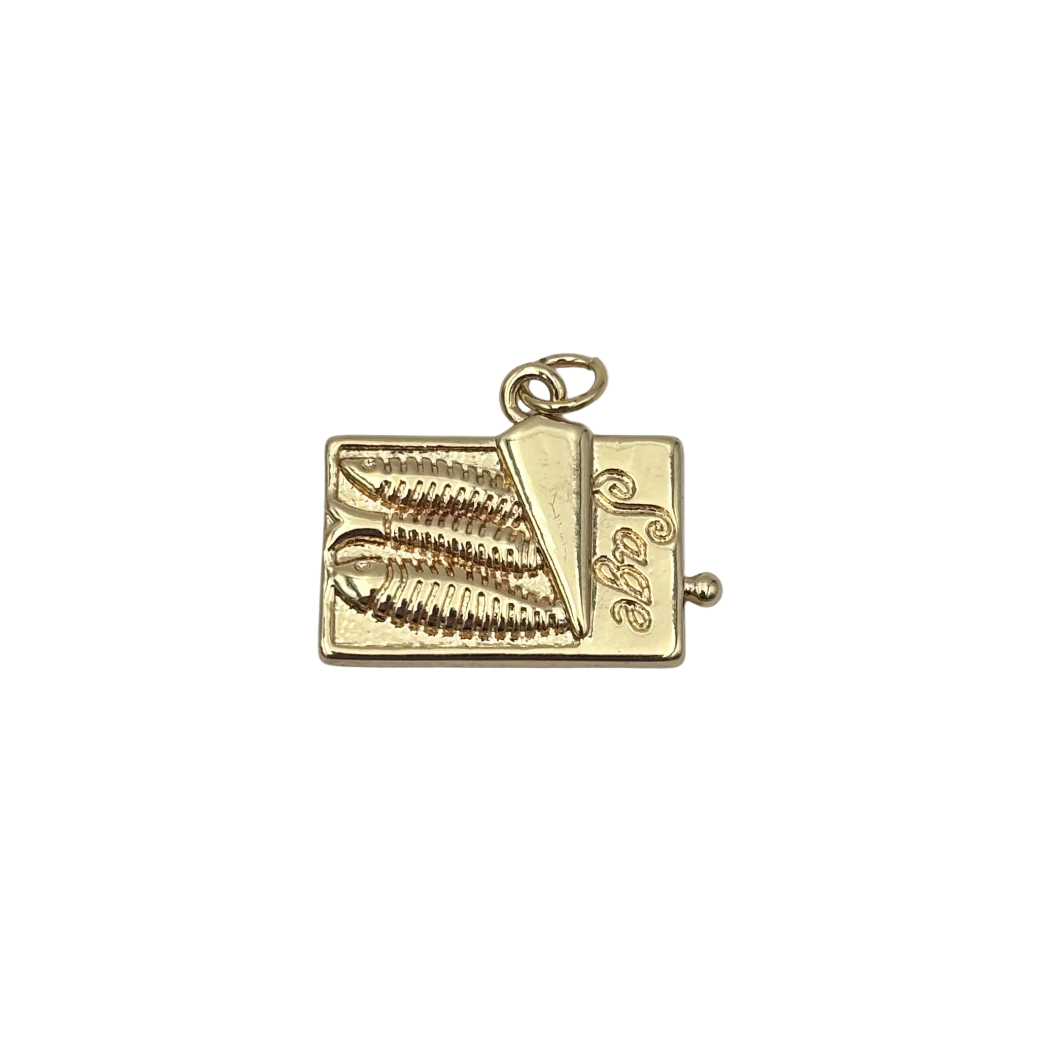 Gold sardine tin charm with open lid and fish detail by HOLST+LEE