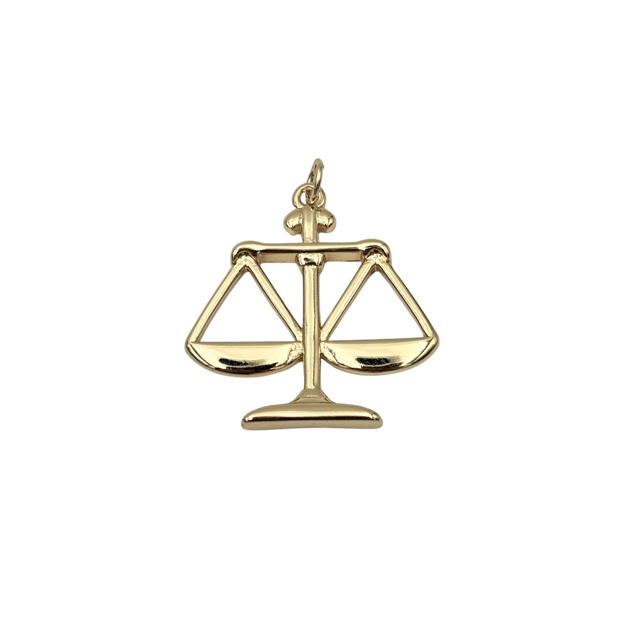 Gold scales of justice charm with balanced twin pans, central beam, pedestal base by HOLST+LEE