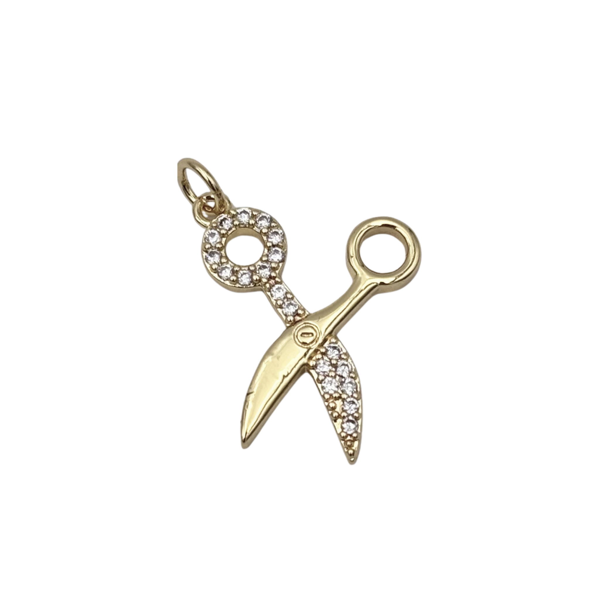 Gold scissors charm with pavé rhinestone handle loop and blade detail by HOLST+LEE