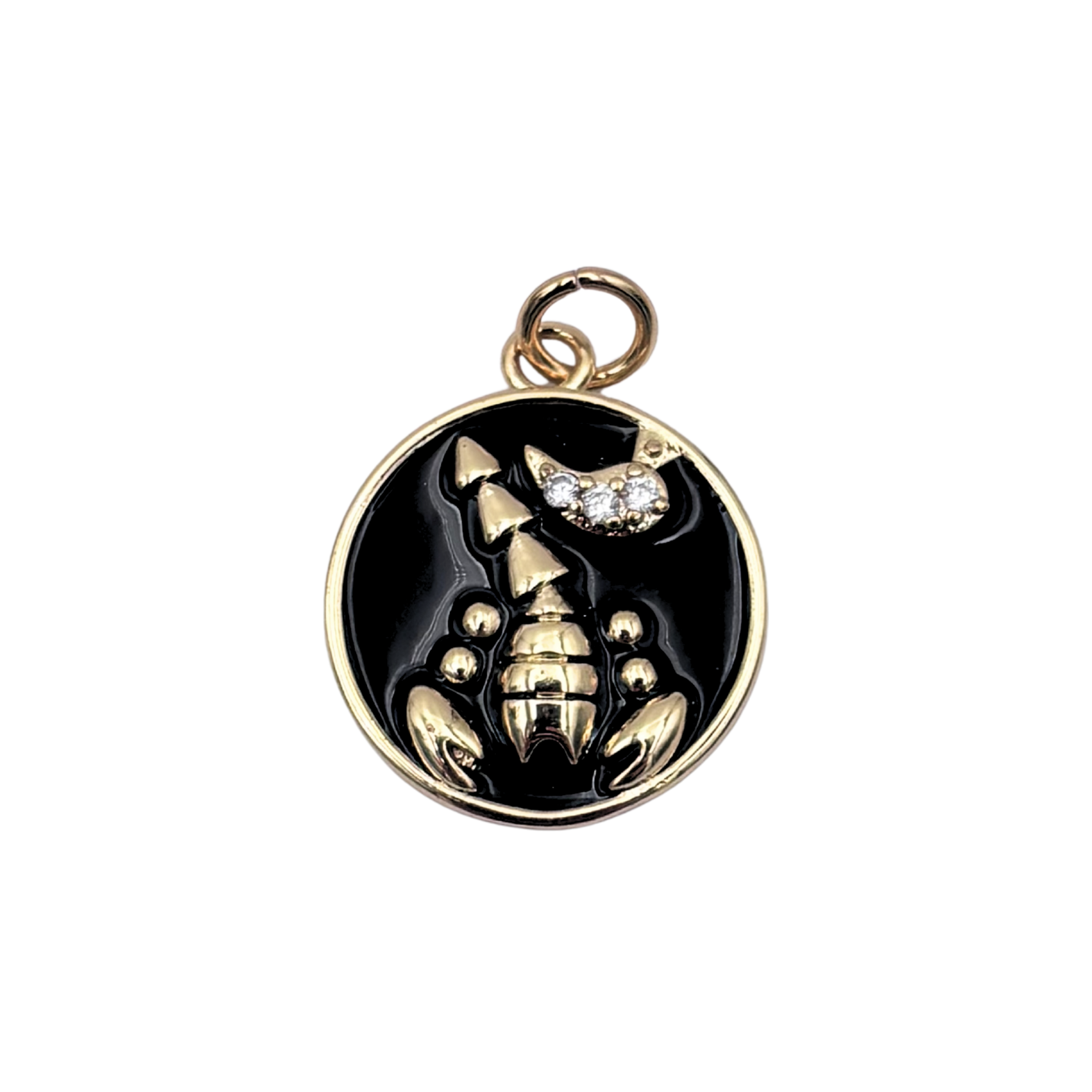 Scorpio zodiac charm pendant with black enamel disc, gold scorpion symbol, and crystal accent details