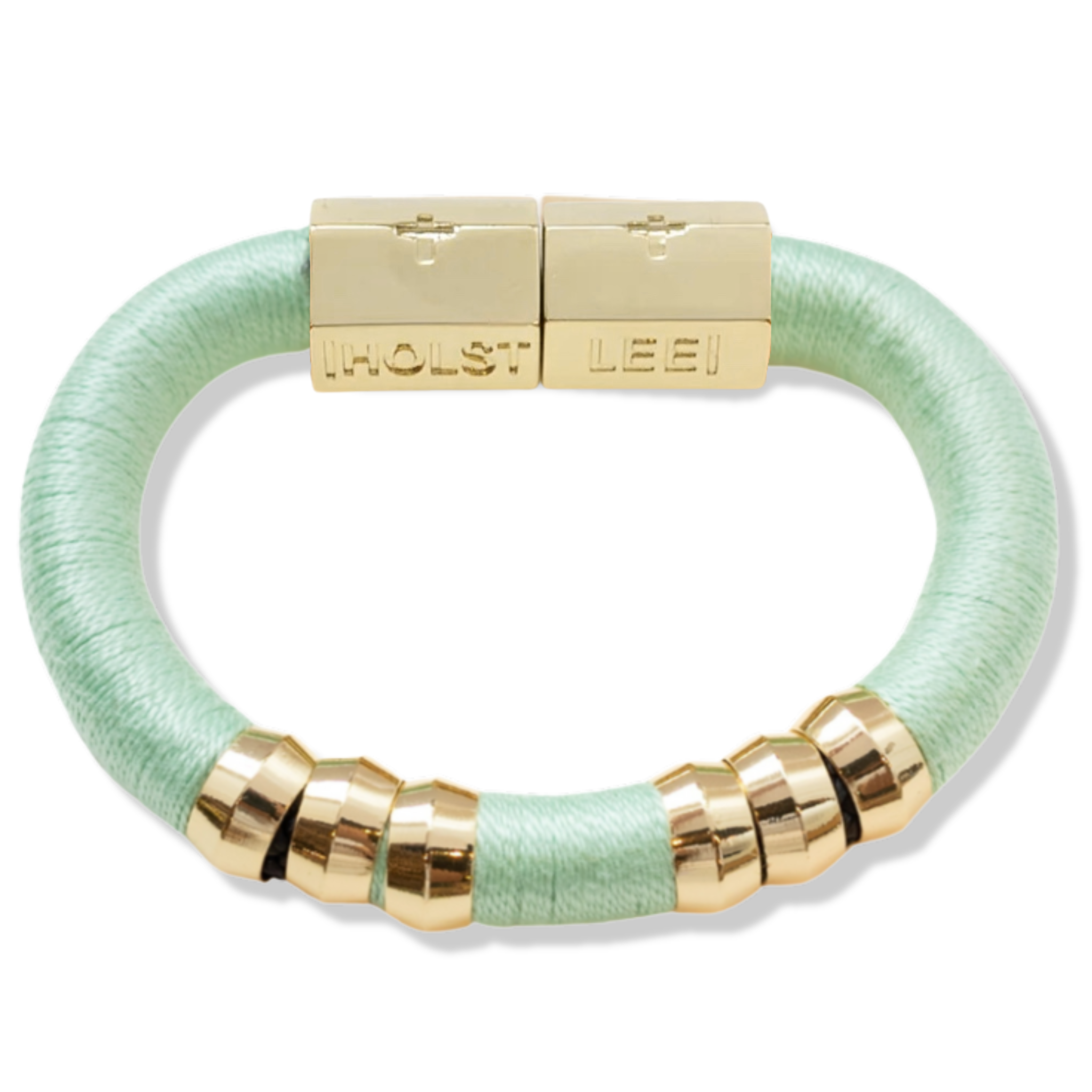 Seafoam green thread wrapped bracelet with 18K gold-filled magnetic clasped bracelet and gold ferrule accents by HOLST+LEE