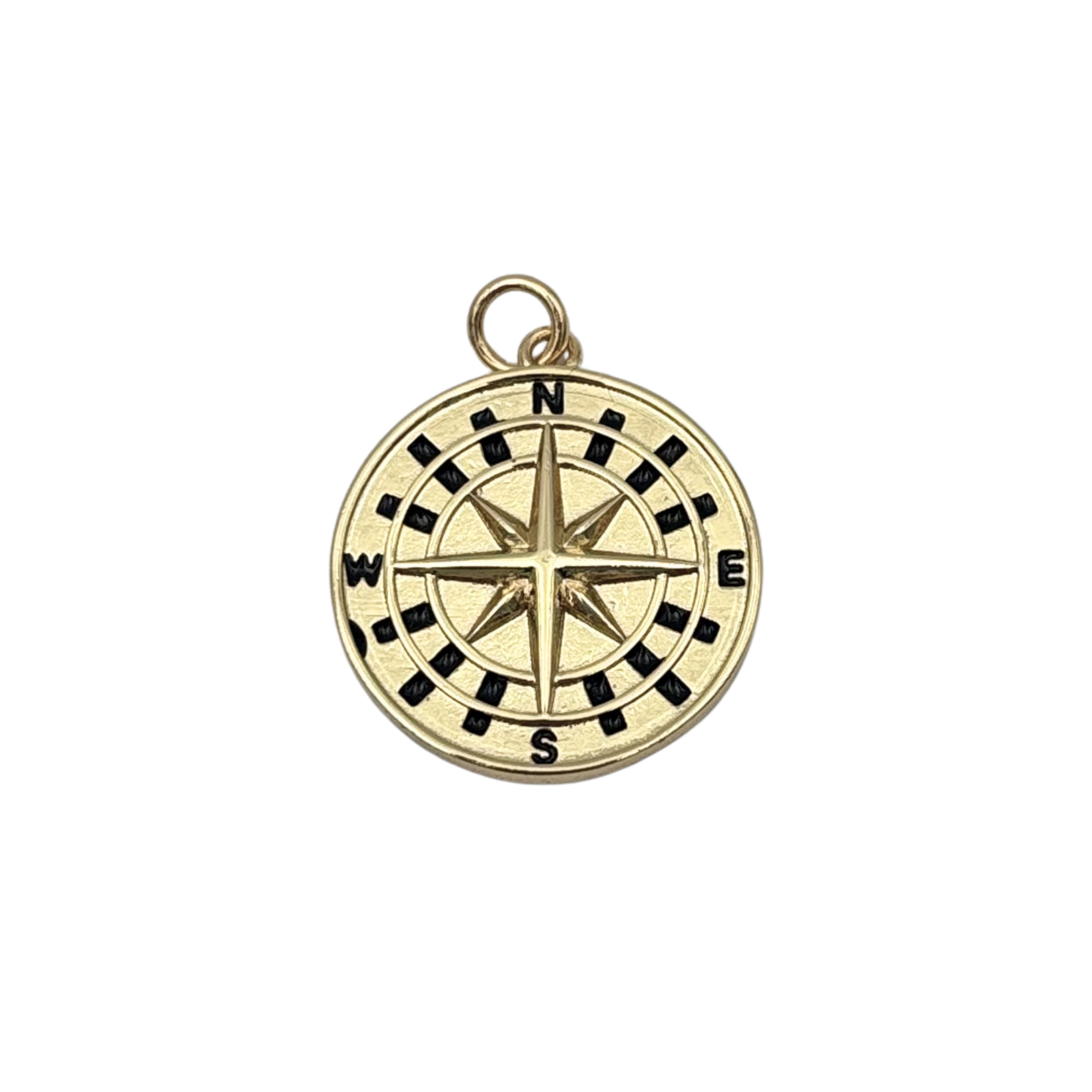 Gold compass rose medallion charm with engraved N/S/E/W cardinal points, eight-point star, beaded outer border by HOLST+LEE