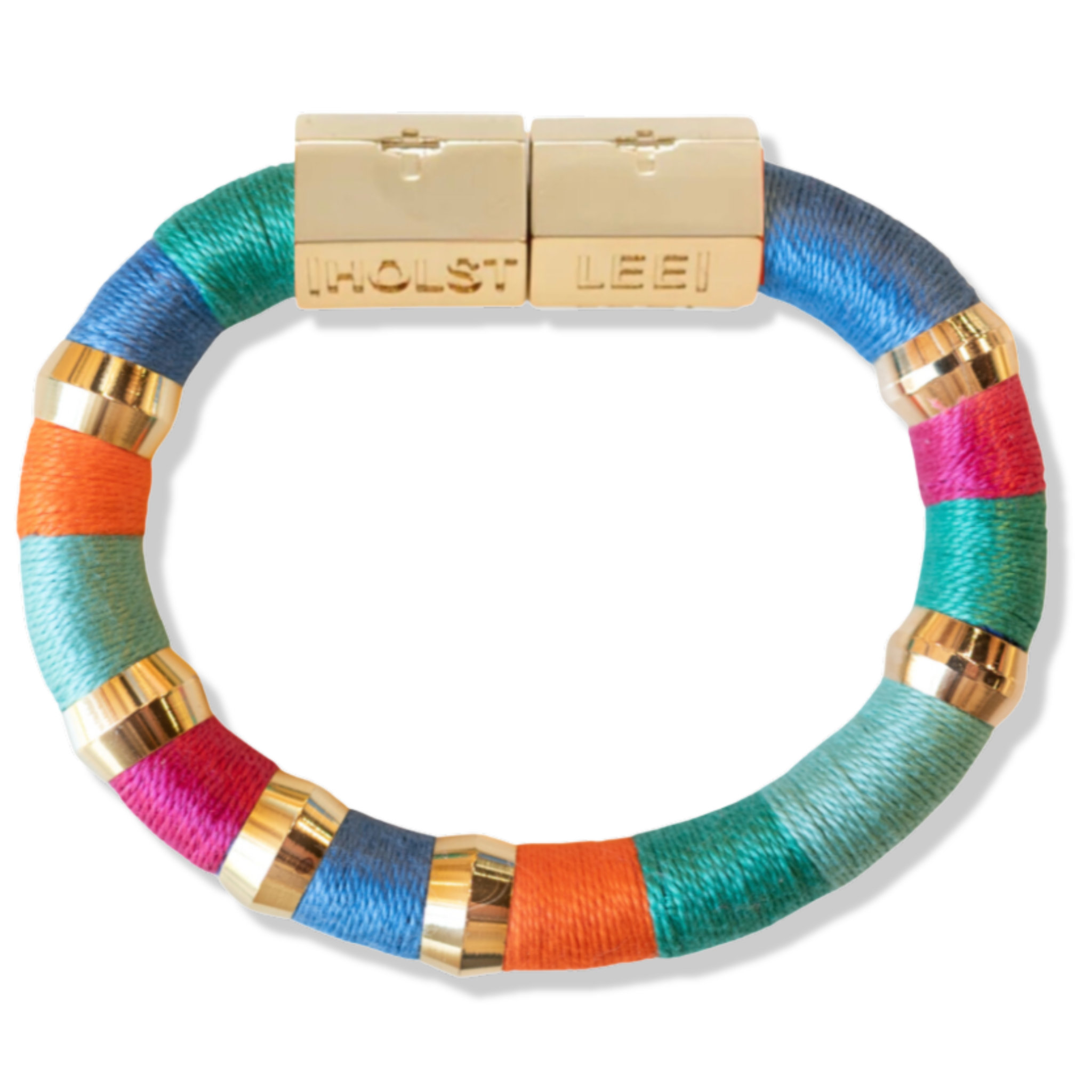 Blue, orange, fuchsia, orange thread wrapped bracelet with gold magnetic clasped bracelet and gold ferrule accents by HOLST+LEE 