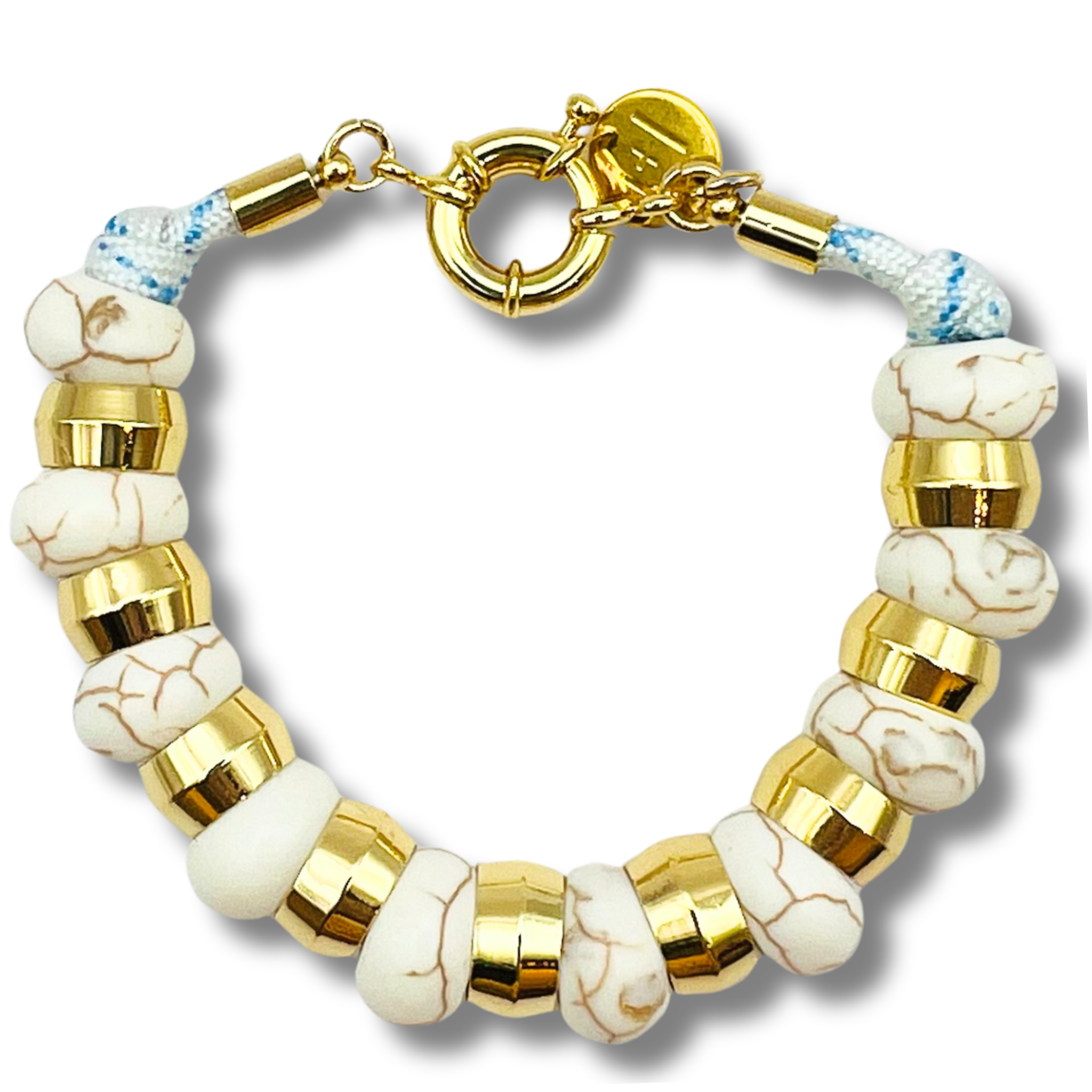 White semi-precious gemstone beaded bracelet with gold accents and toggle clasp by HOLST+LEE