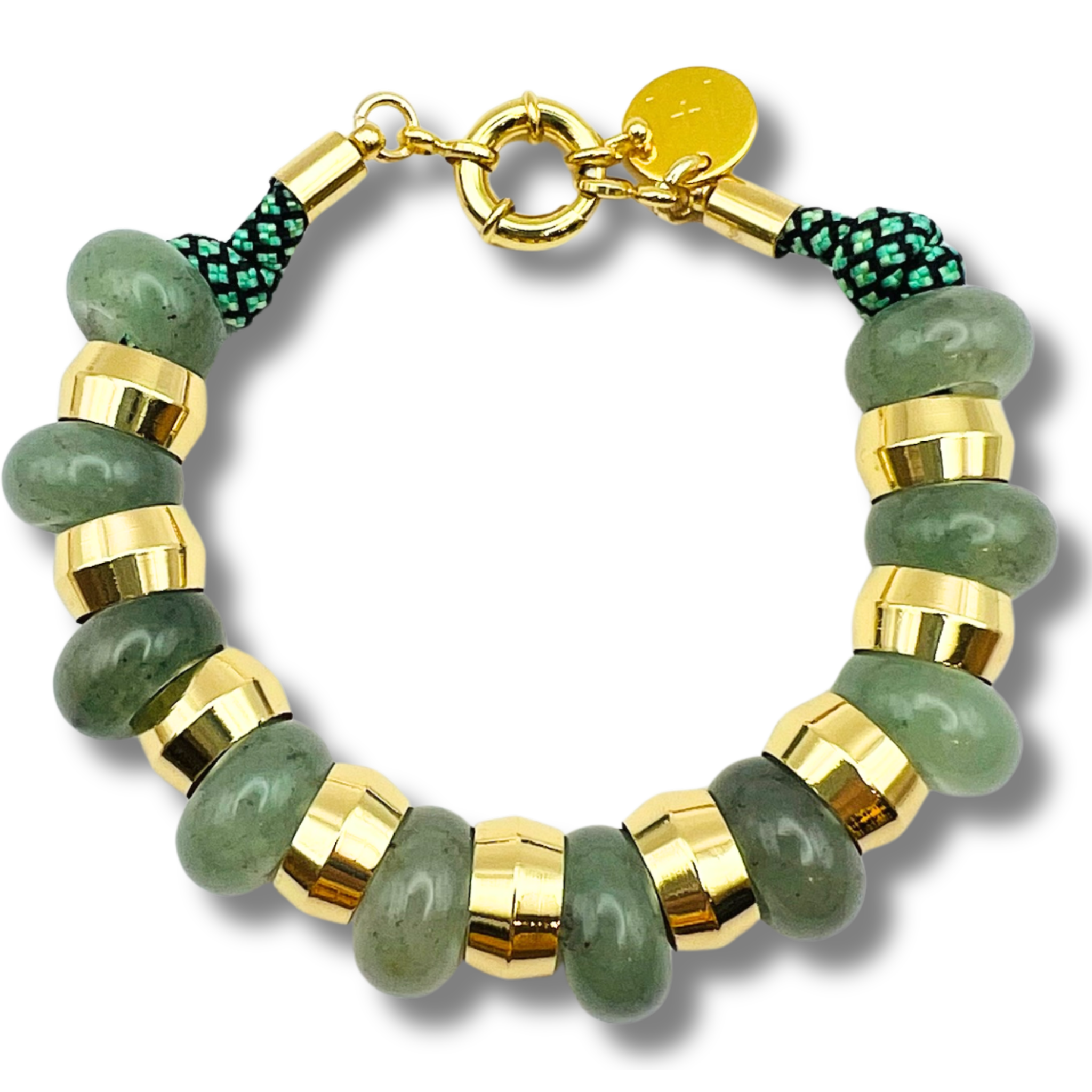 Green semi-precious gemstone beaded bracelet with gold accents and toggle clasp by HOLST+LEE