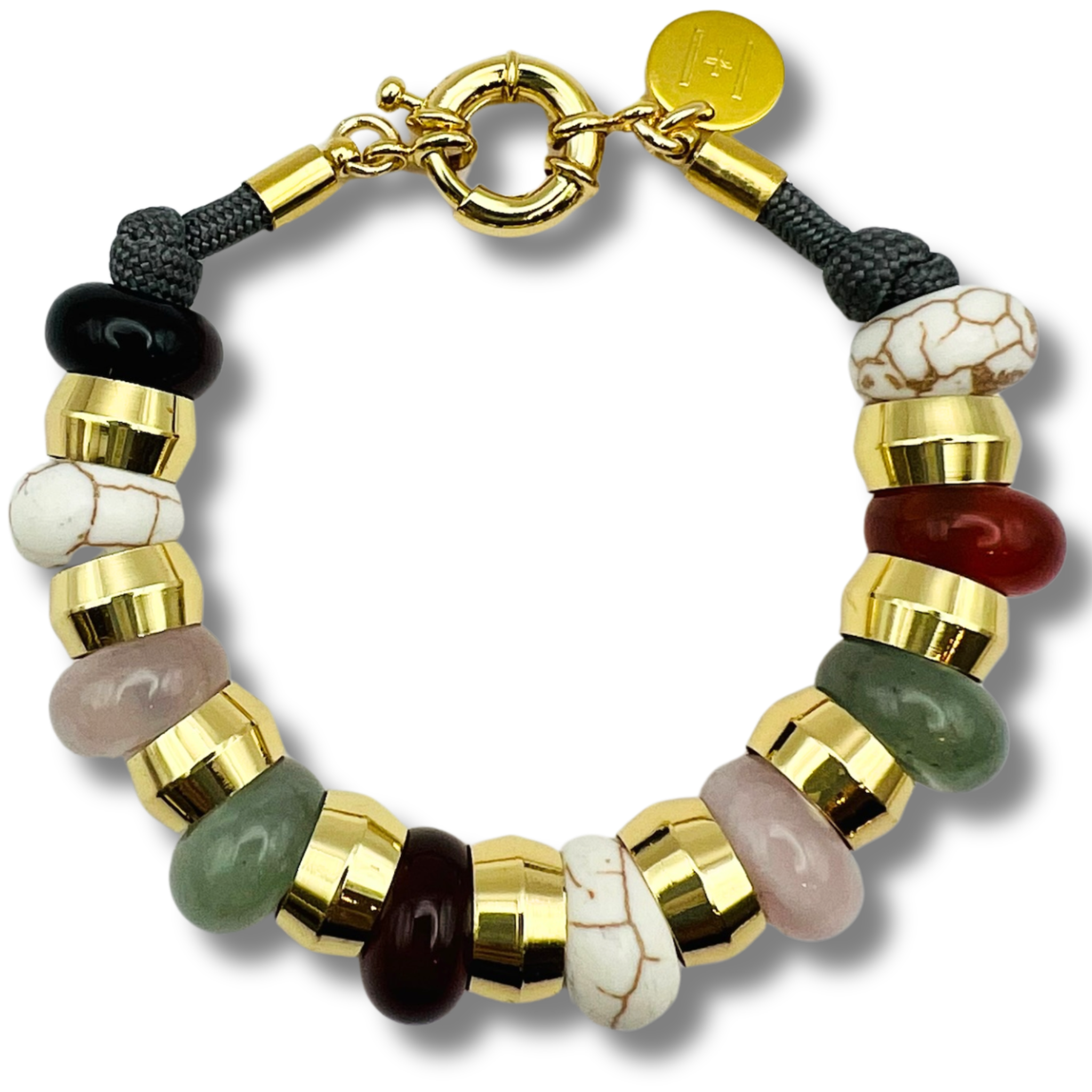  White, green, pink, and black semi-precious gemstone beaded bracelet with gold accents and toggle clasp by HOLST+LEE