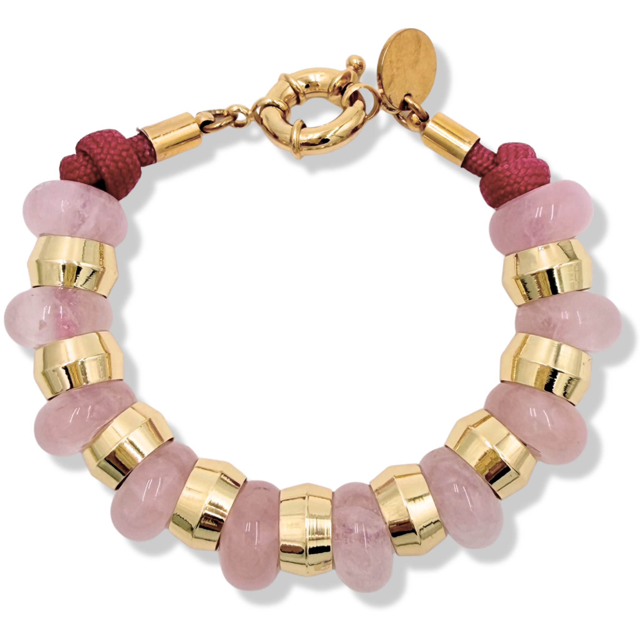 Pink semi-precious gemstone beaded bracelet with gold accents and toggle clasp by HOLST+LEE