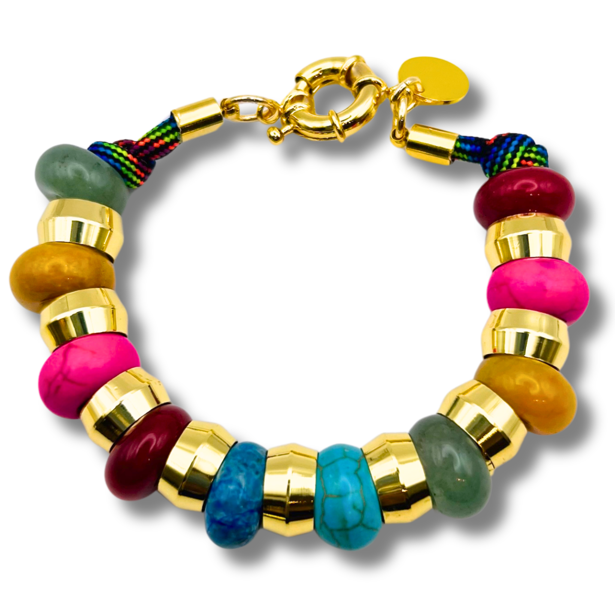 Yellow, turquoise, green, pink, and red semi-precious gemstone beaded bracelet with gold accents and toggle clasp by HOLST+LEE