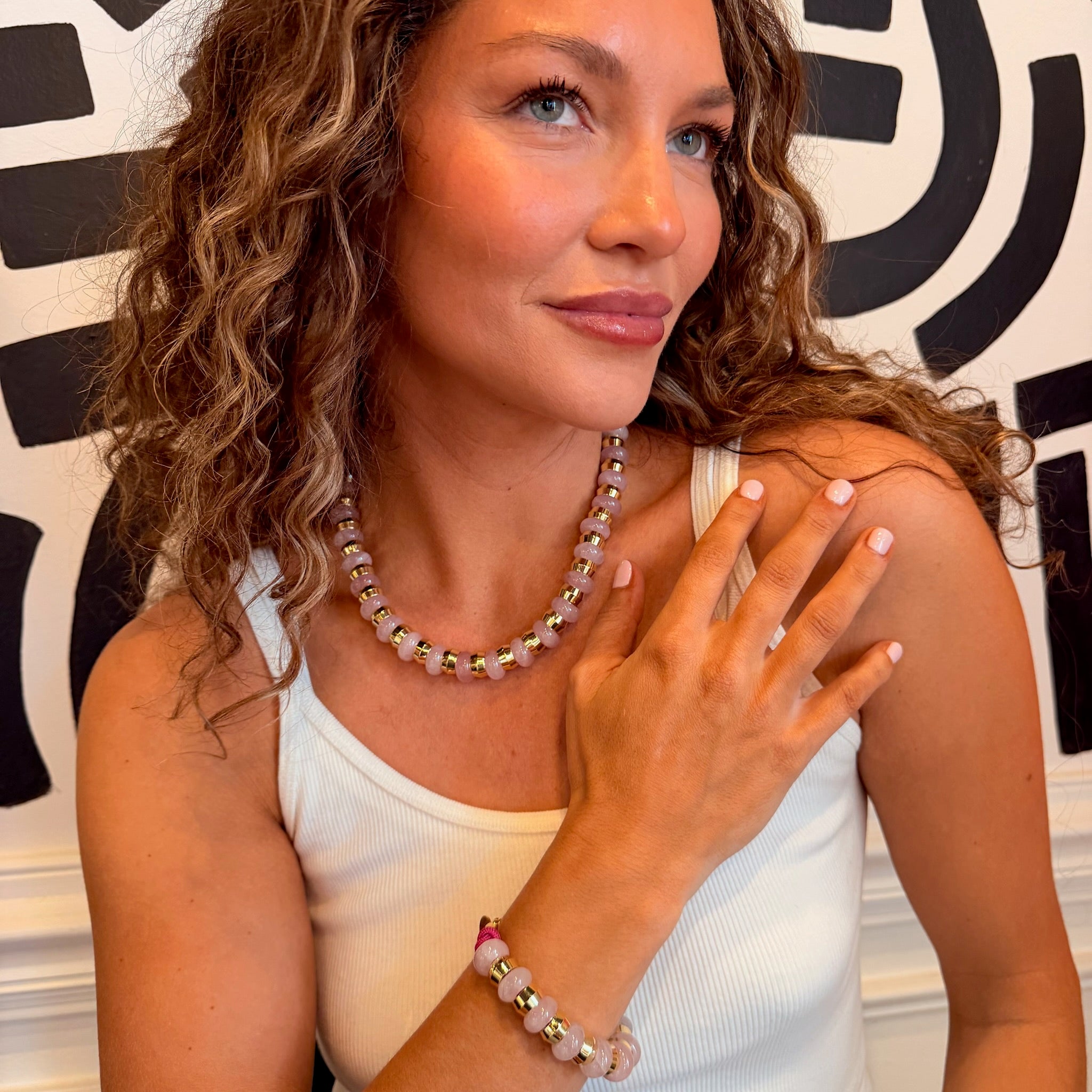 Semi-Precious Necklace - rose quartz - on model