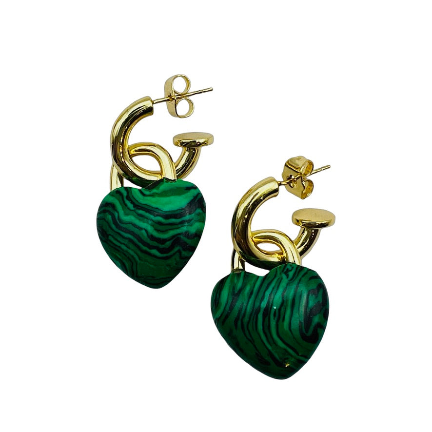 Semi Precious Heart Locket Earring Malachite