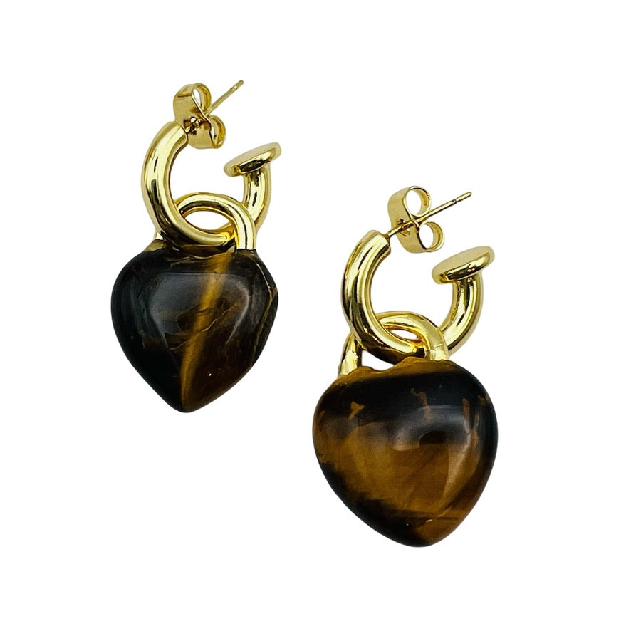 Semi Precious Heart Locket Earring Tiger Eye