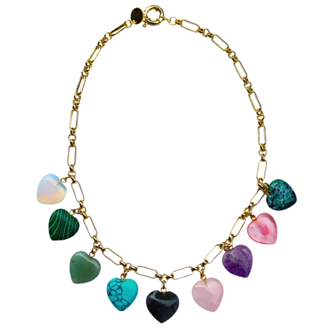 Gold link chain necklace with semi-precious heart-shaped charms by HOLST+LEE