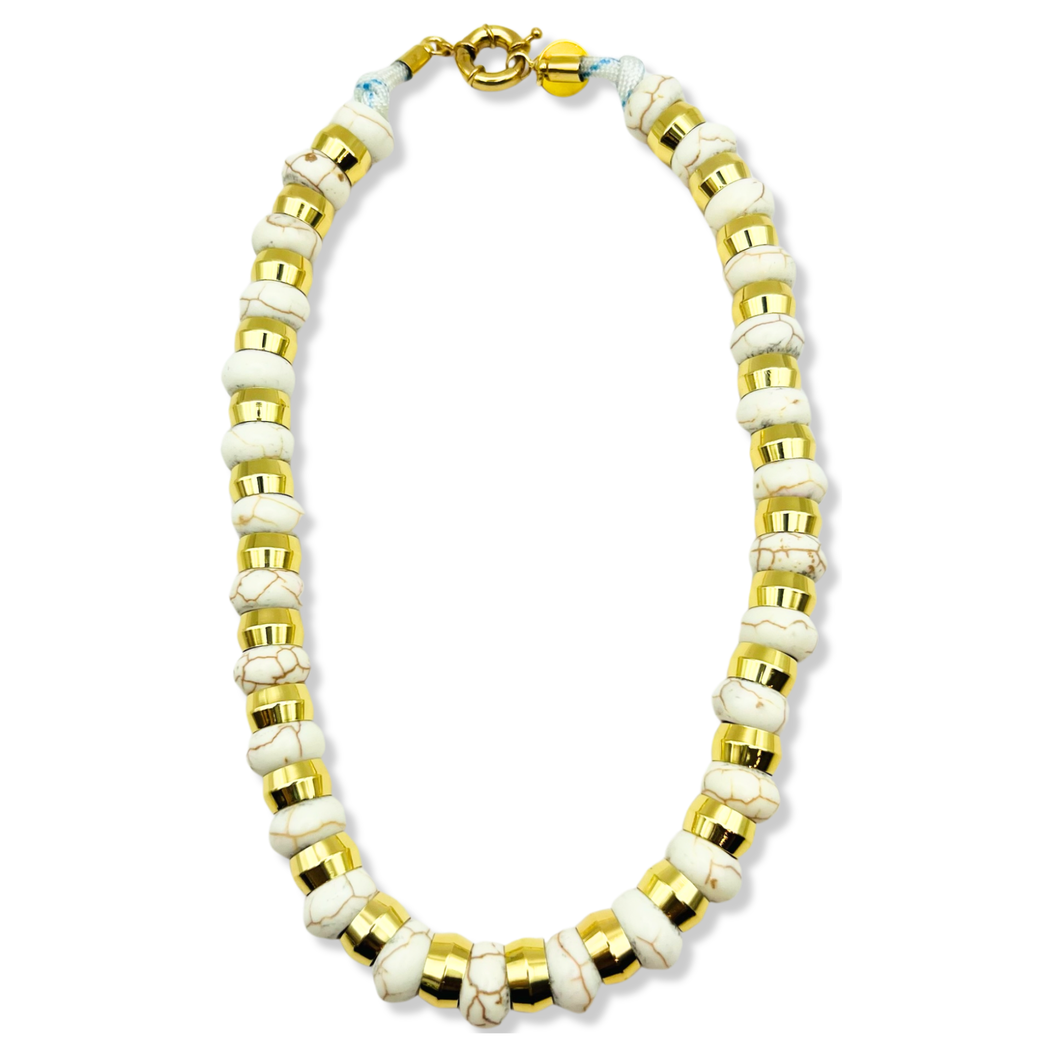 White semi-precious gemstone beaded necklace with gold accents and toggle clasp by HOLST+LEE