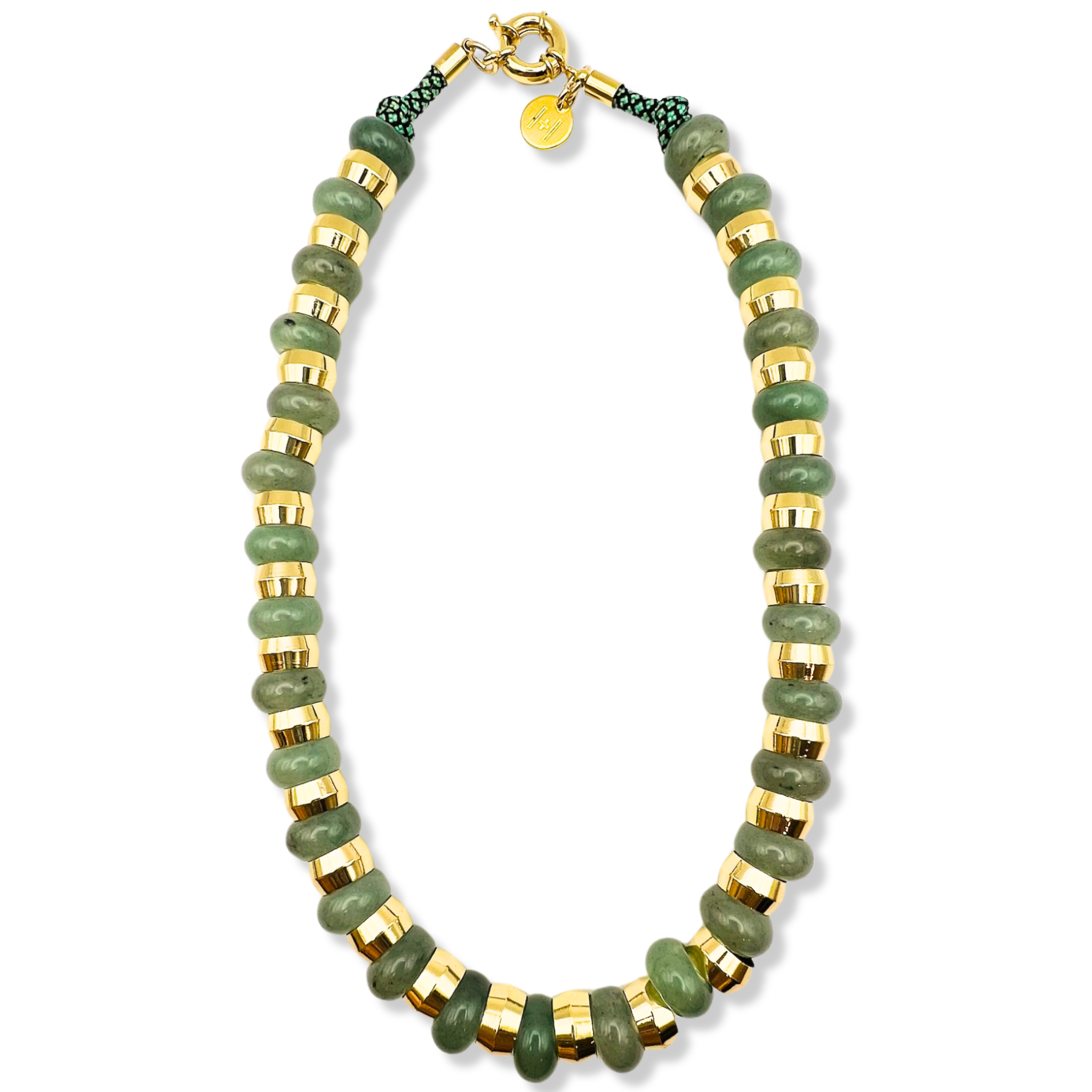 Green semi-precious gemstone beaded necklace with gold accents and toggle clasp by HOLST+LEE