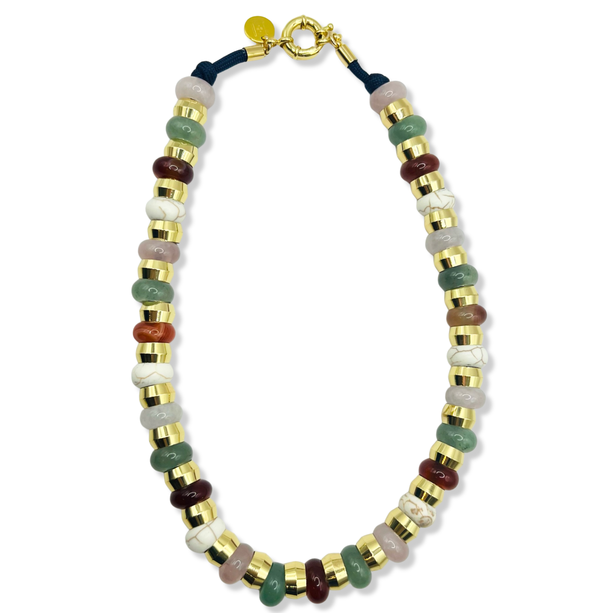 Green, pink, brown and white semi-precious gemstone beaded necklace with gold accents and toggle clasp by HOLST+LEE