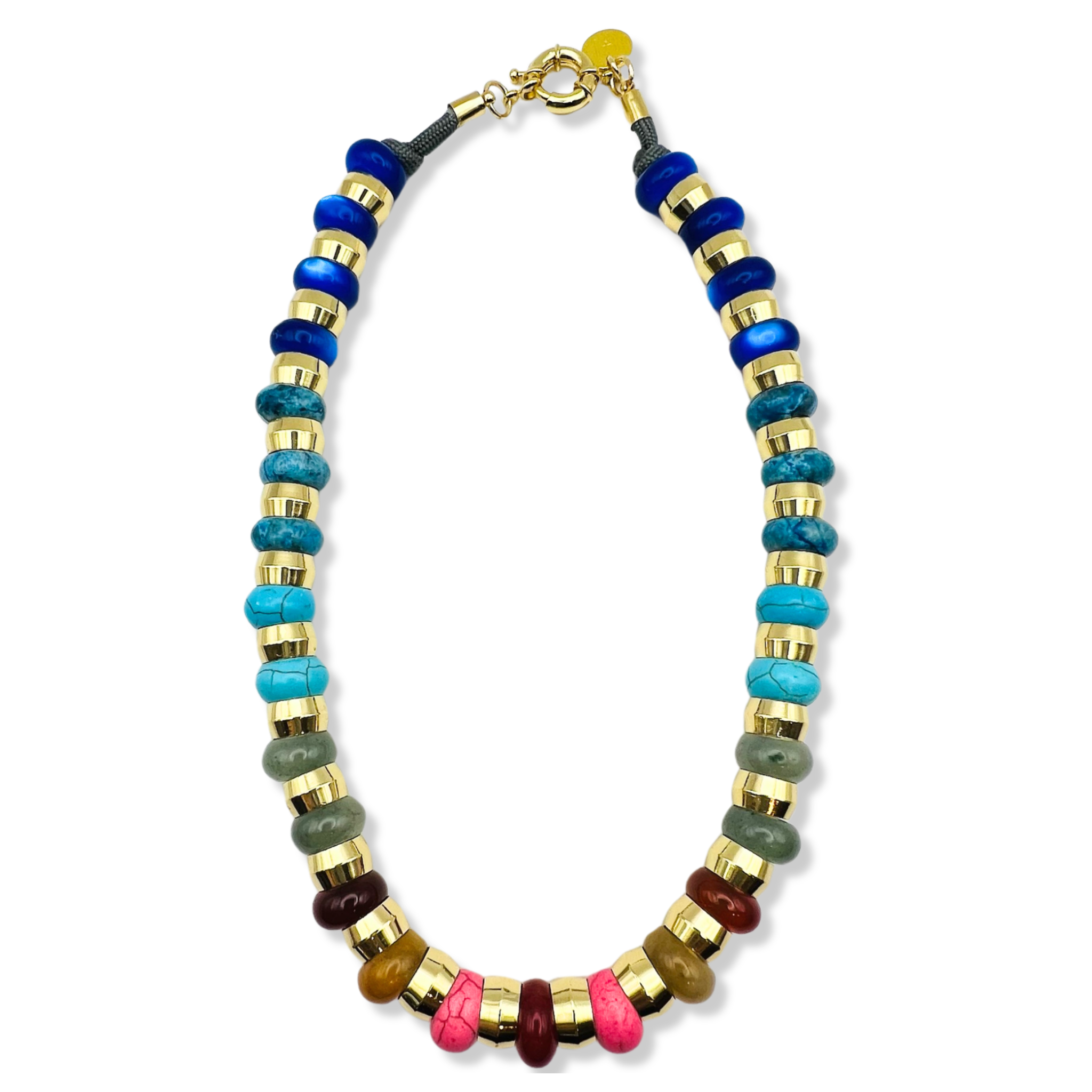Yellow, turquoise, blue, green, and pink semi-precious gemstone beaded necklace with gold accents and toggle clasp by HOLST+LEE