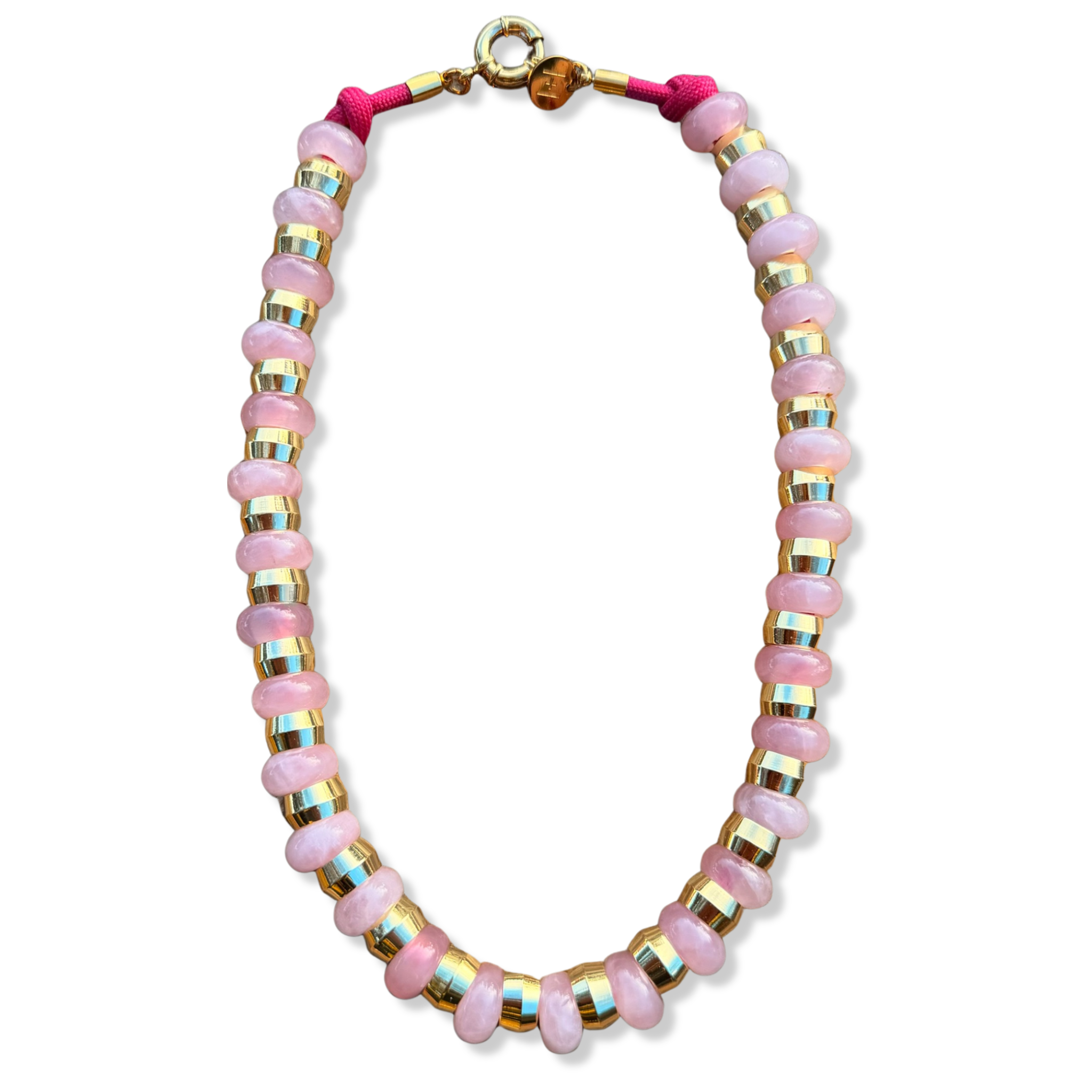 Pink semi-precious gemstone beaded necklace with gold accents and toggle clasp by HOLST+LEE