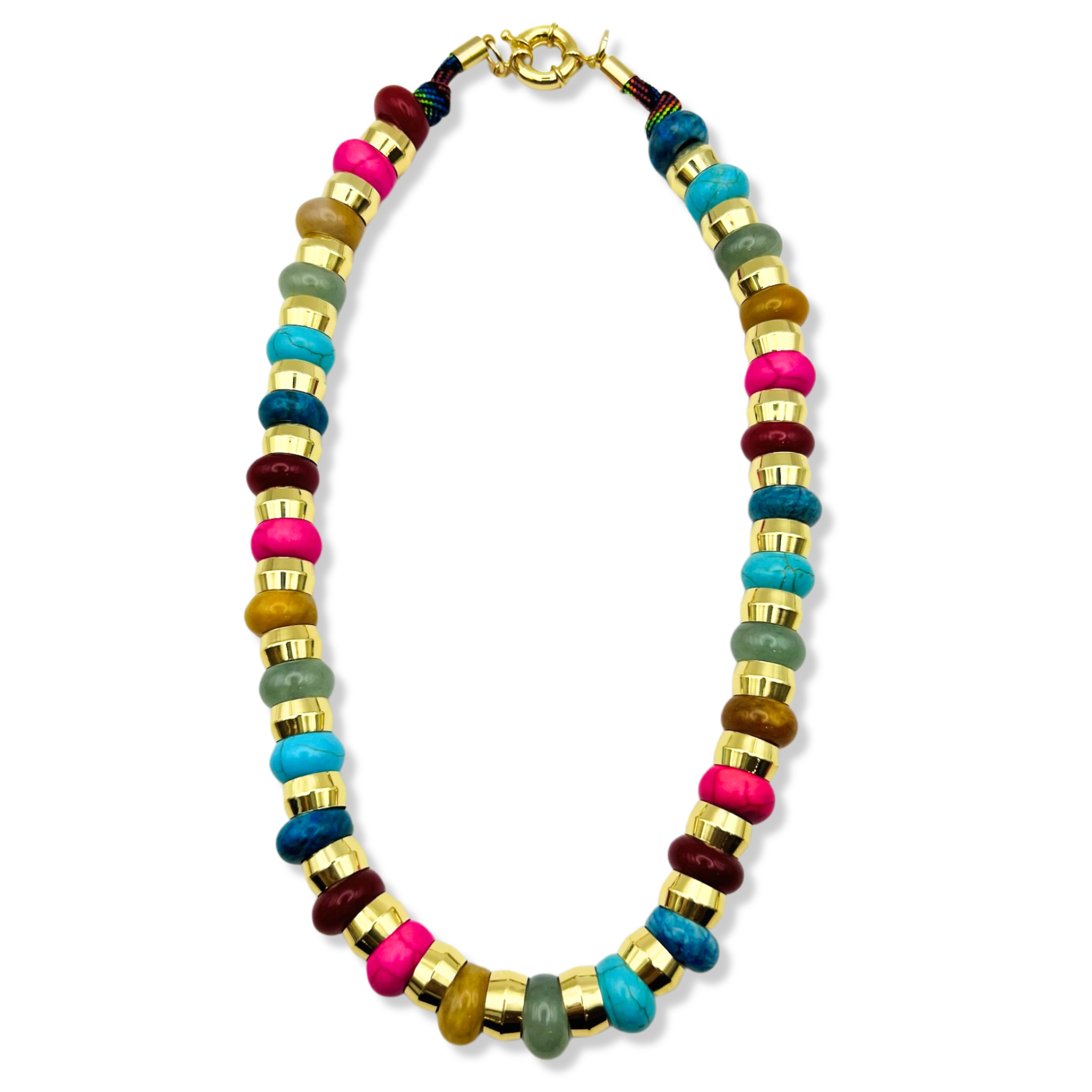 Yellow, turquoise, white, green, red, and pink semi-precious gemstone beaded necklace with gold accents and toggle clasp by HOLST+LEE