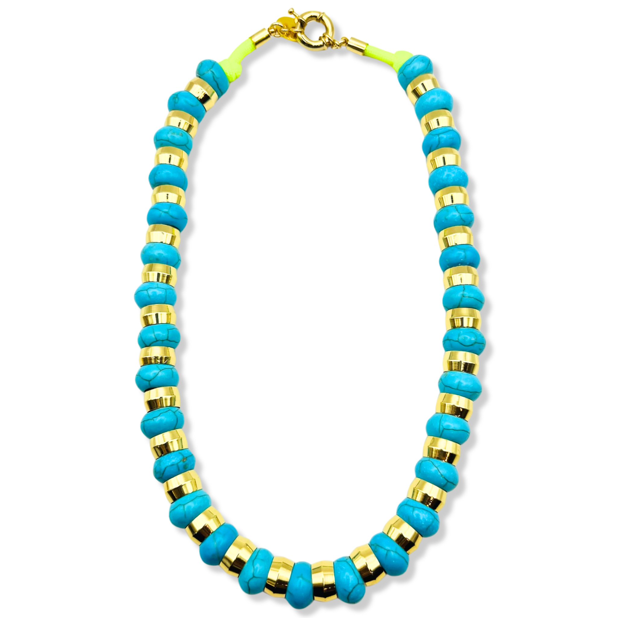 Turquoise semi-precious gemstone beaded necklace with gold accents and toggle clasp by HOLST+LEE