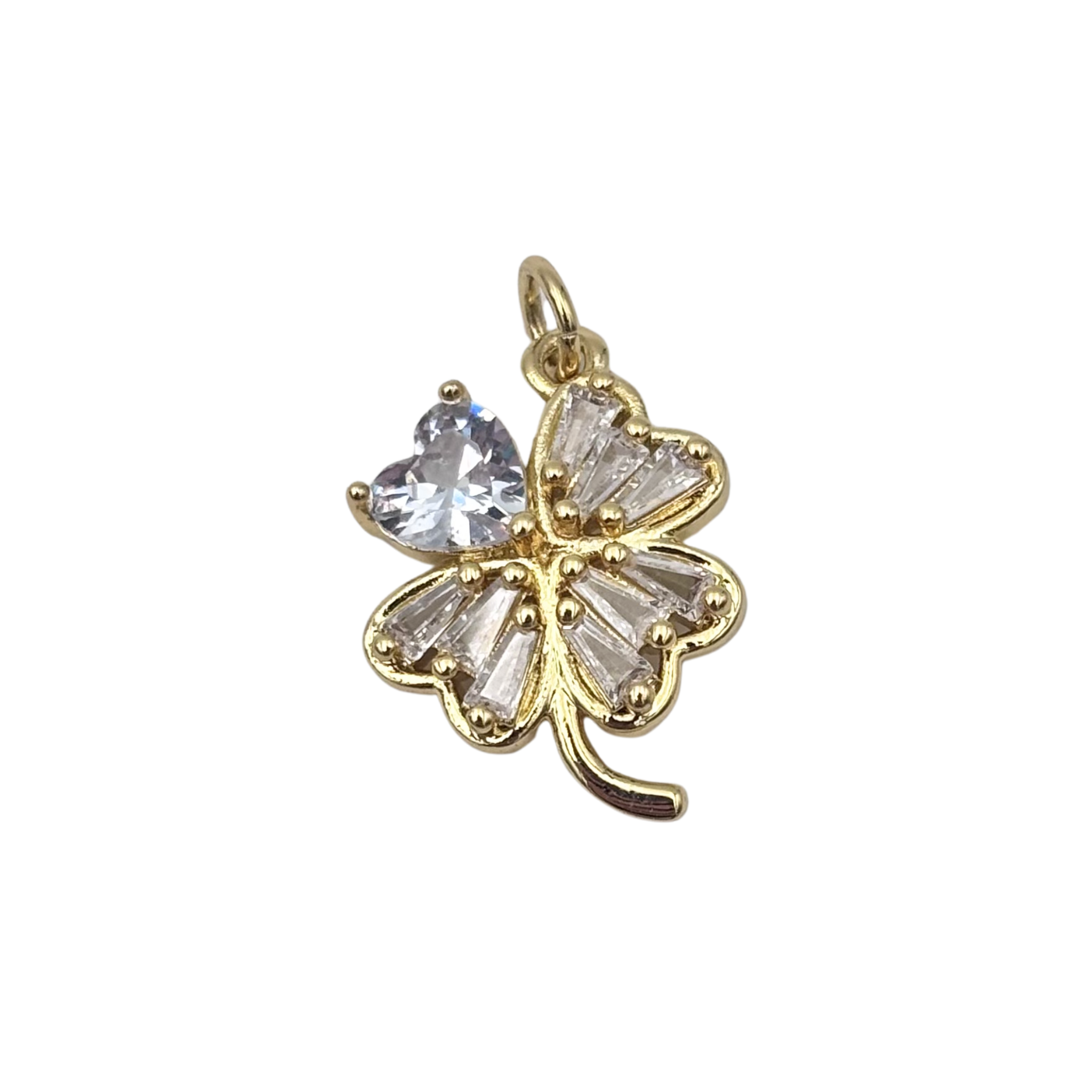 Gold four-leaf shamrock pendant with heart-cut and baguette rhinestone petals by HOLST+LEE
