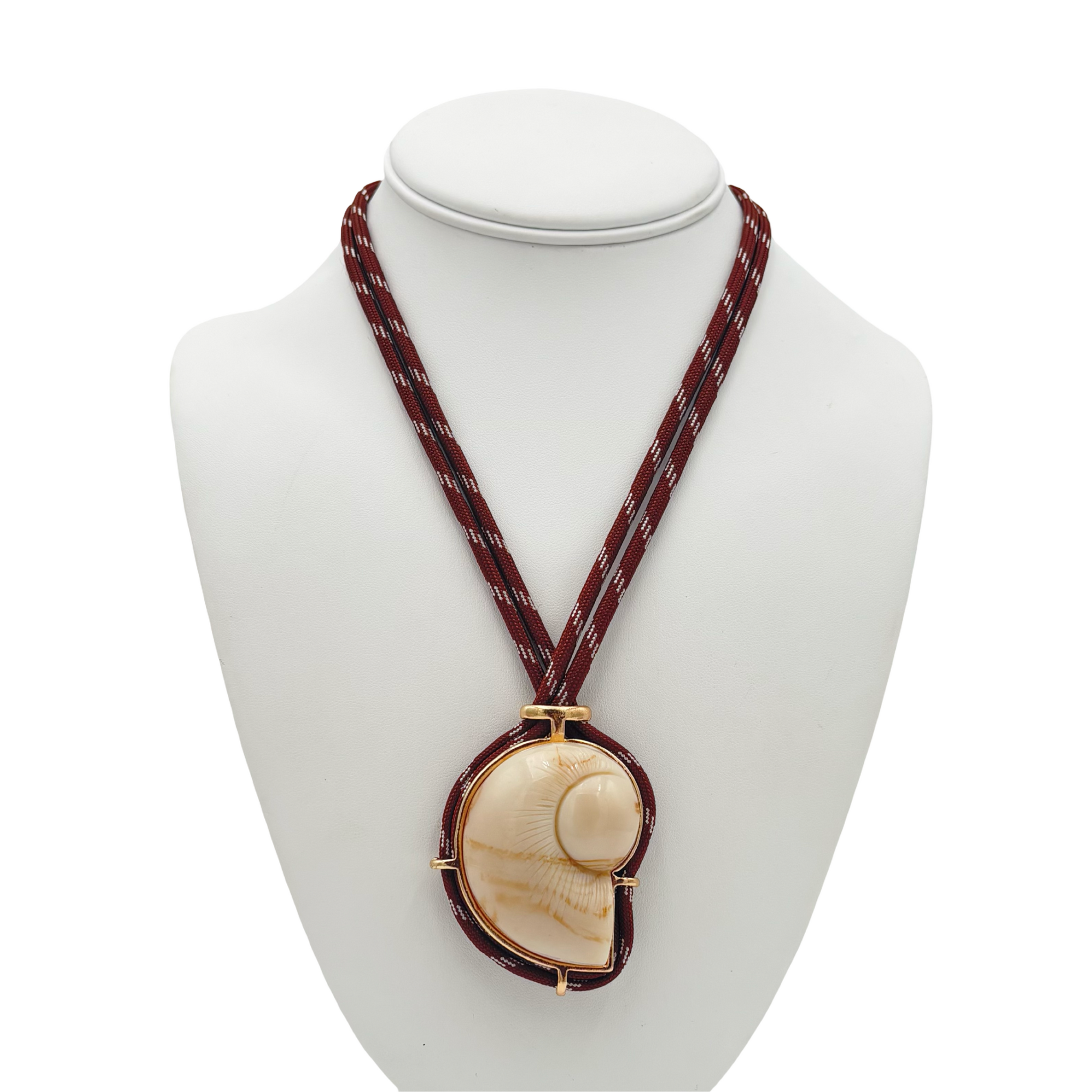 Brown braided rope necklace with large natural shell pendant by HOLST+LEE