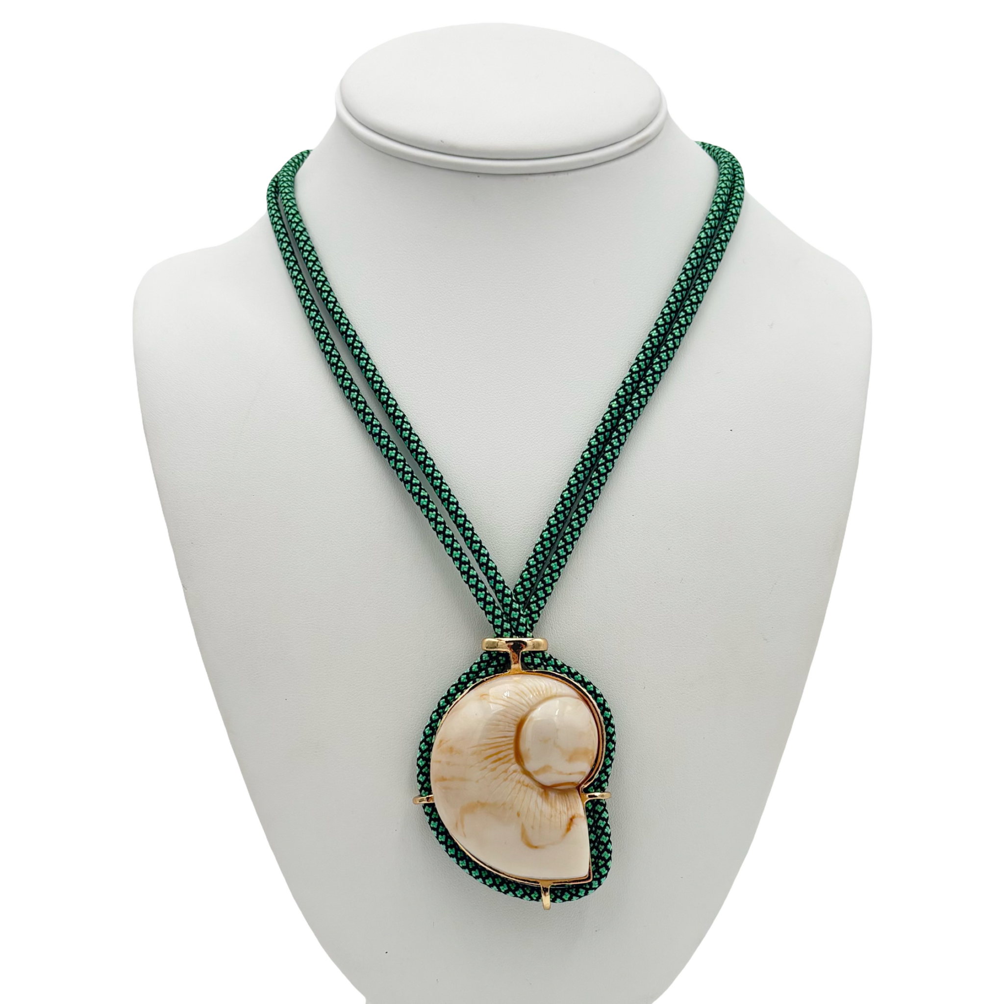Green braided rope necklace with large natural shell pendant by HOLST+LEE