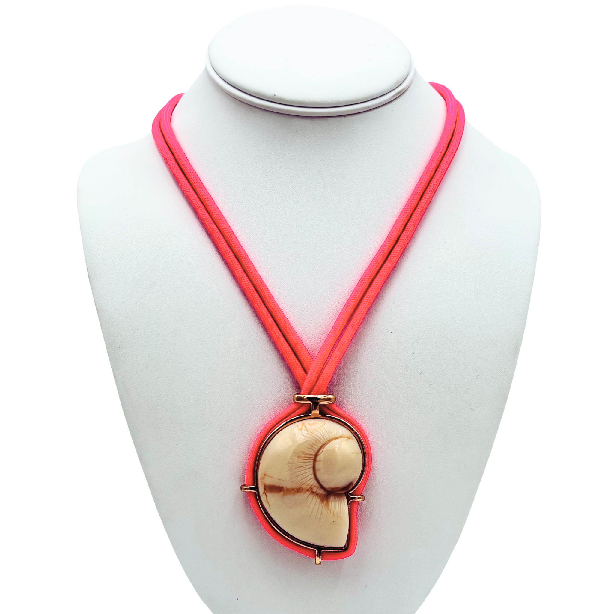 Neon pink  braided rope necklace with large natural shell pendant by HOLST+LEE