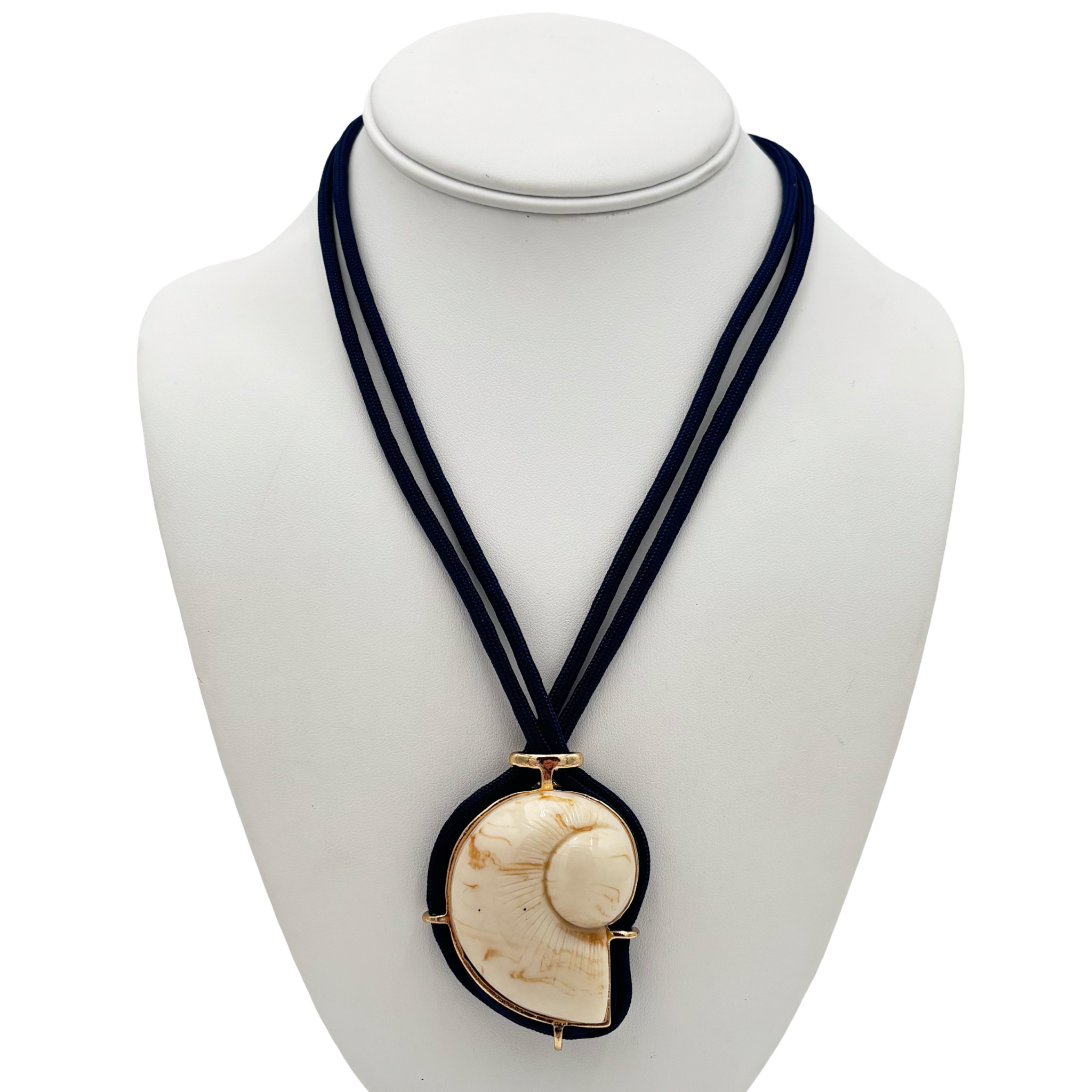 Navy braided rope necklace with large natural shell pendant by HOLST+LEE