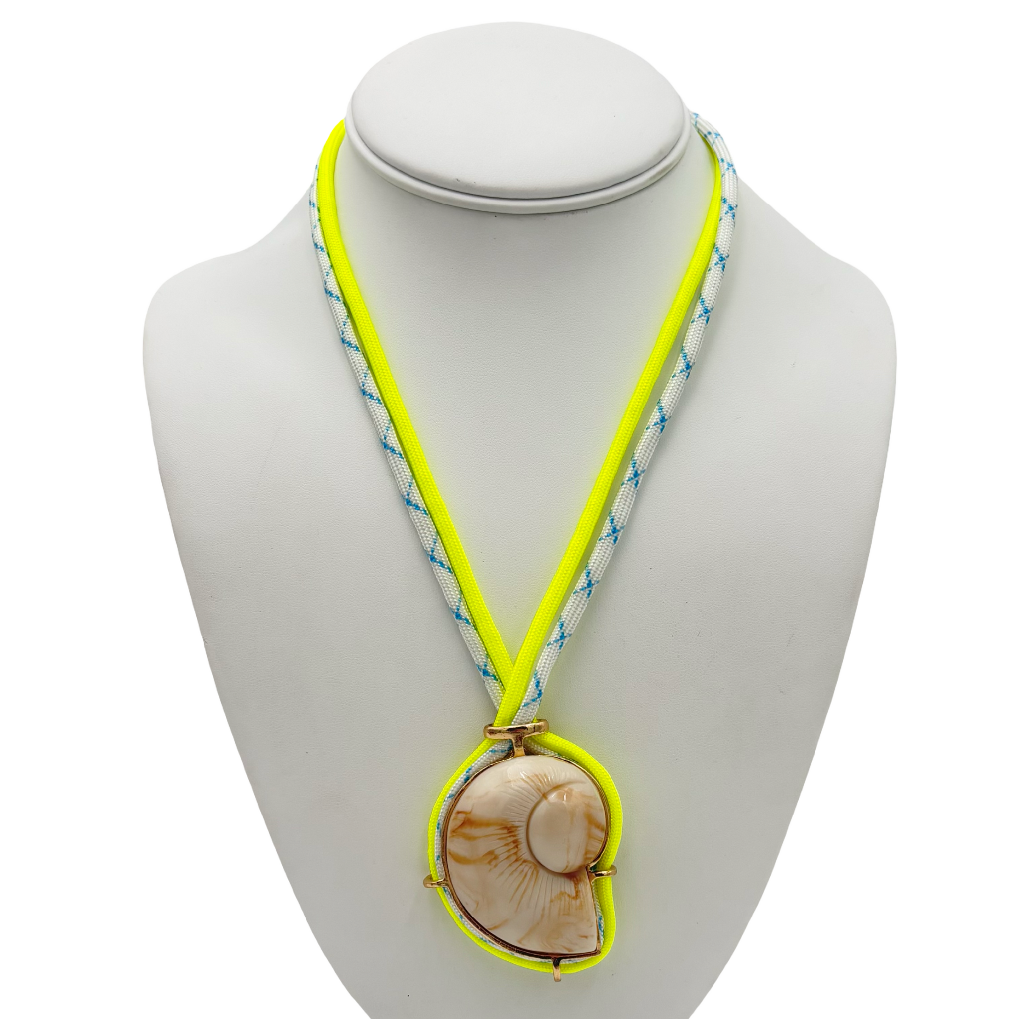 Neon yellow braided rope necklace with large natural shell pendant by HOLST+LEE
